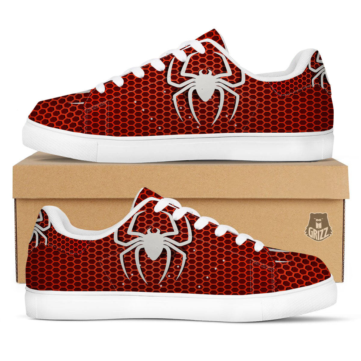 White And Red Spider Print White Low Top Sneakers-grizzshop