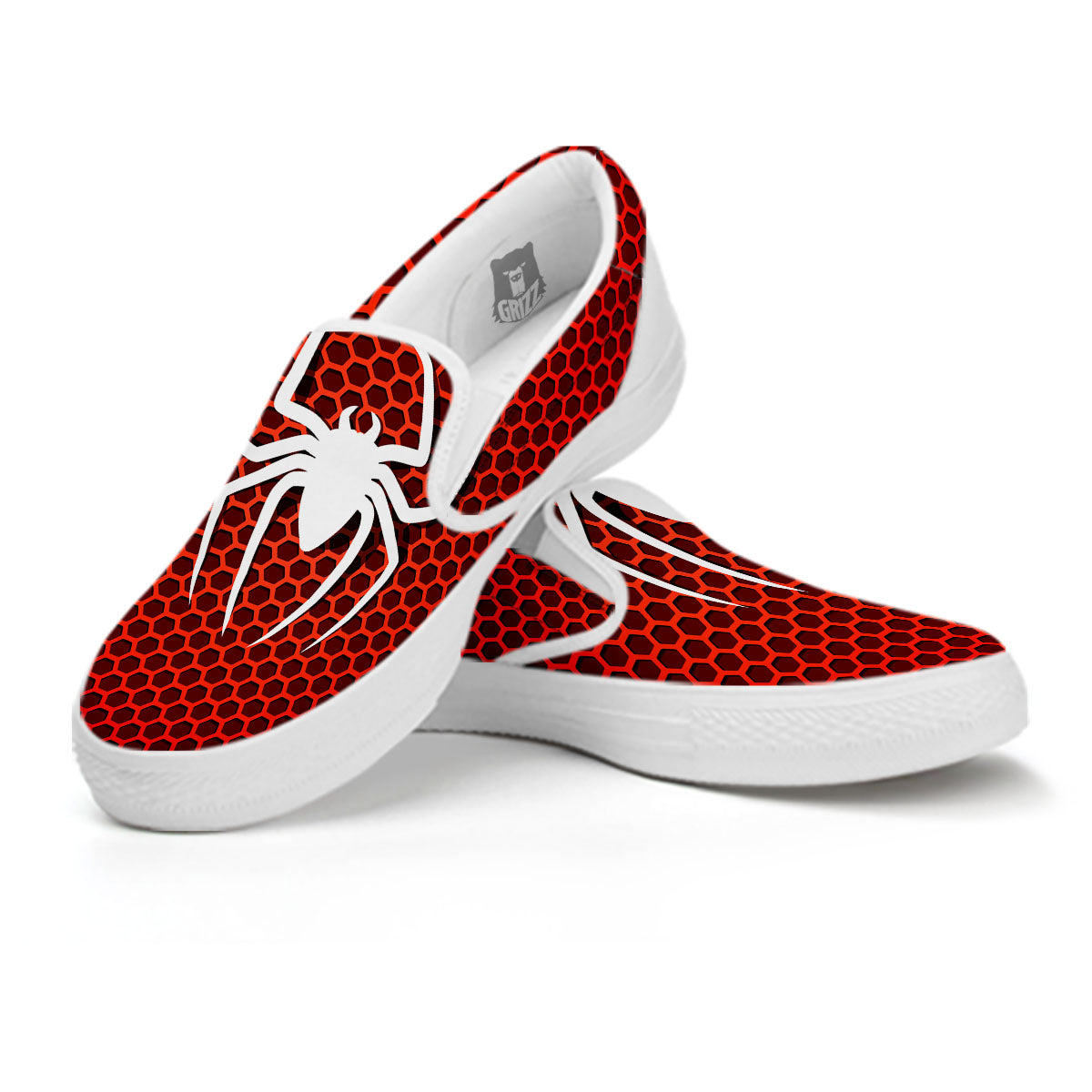 White And Red Spider Print White Slip On Shoes-grizzshop