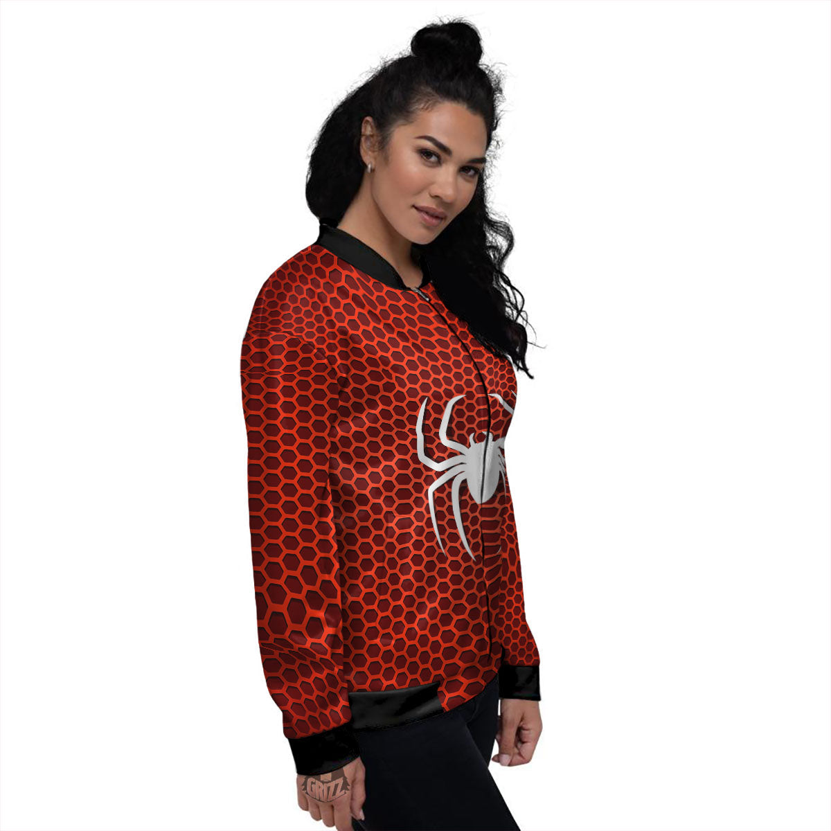 White And Red Spider Print Women's Bomber Jacket-grizzshop