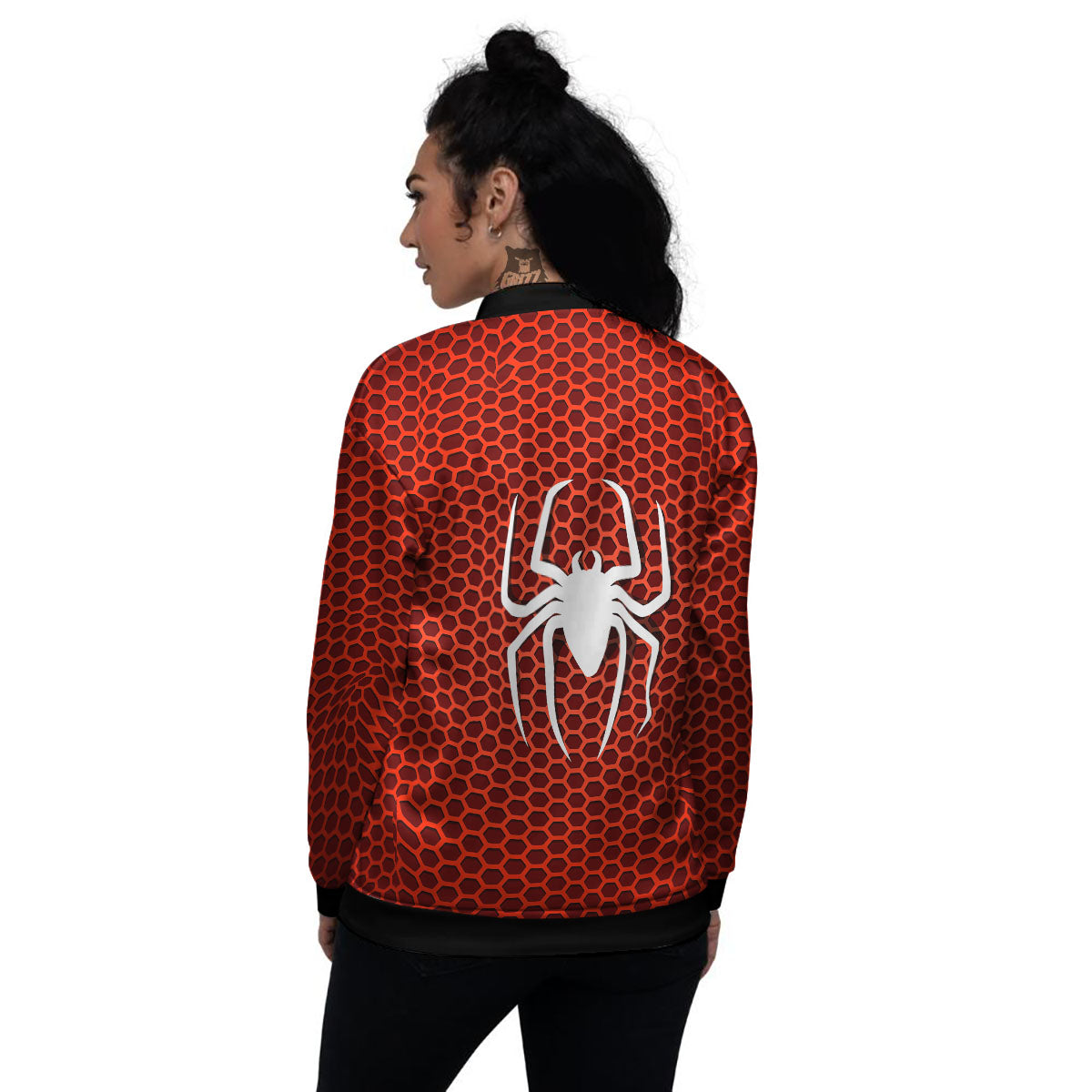 White And Red Spider Print Women's Bomber Jacket-grizzshop