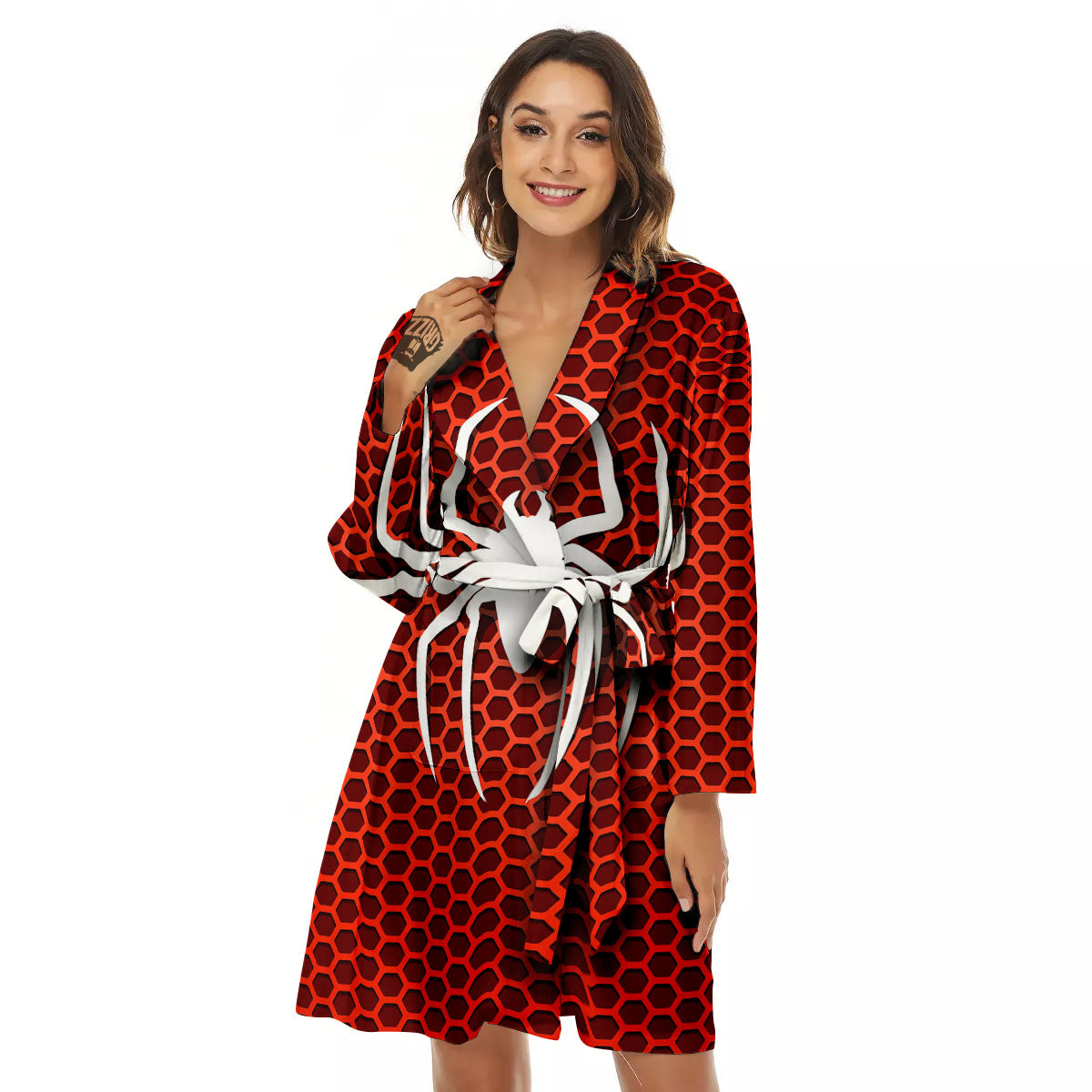 White And Red Spider Print Women's Robe-grizzshop