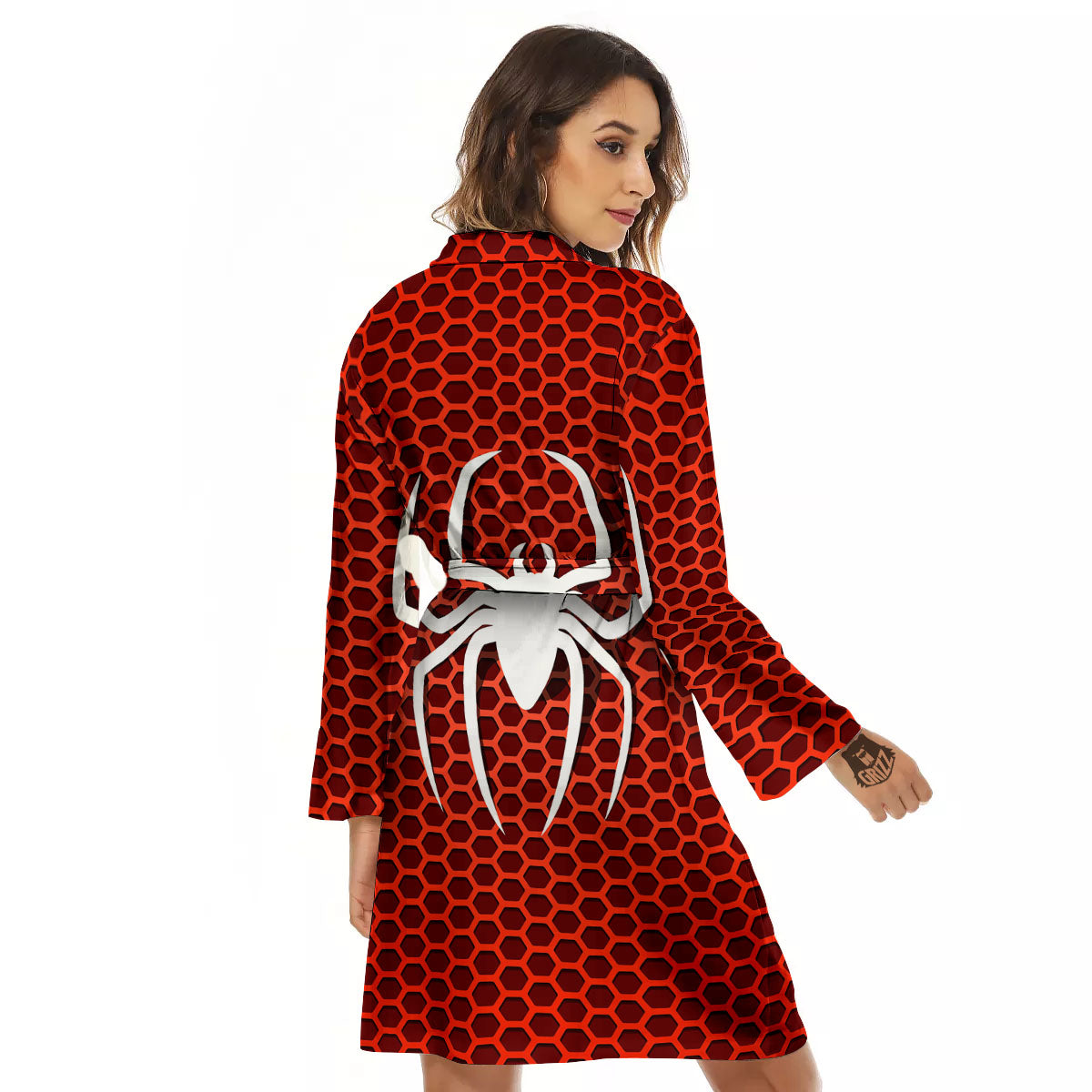 White And Red Spider Print Women's Robe-grizzshop