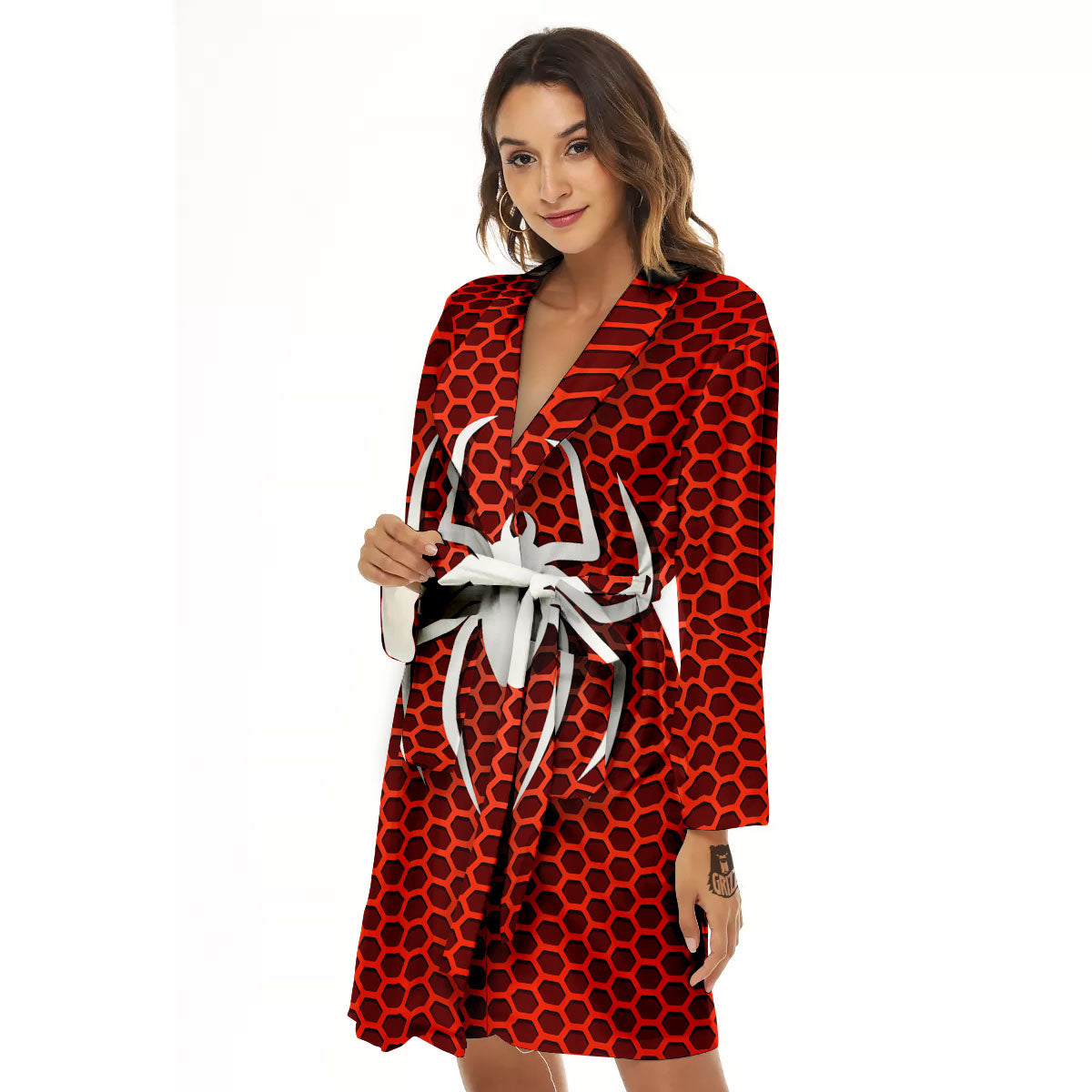 White And Red Spider Print Women's Robe-grizzshop