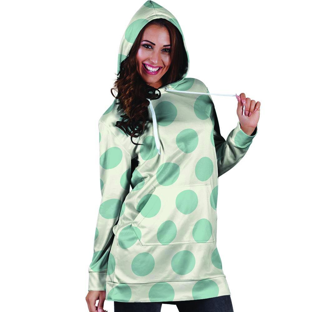 White And Turquoise Polka Dot Hoodie Dress-grizzshop