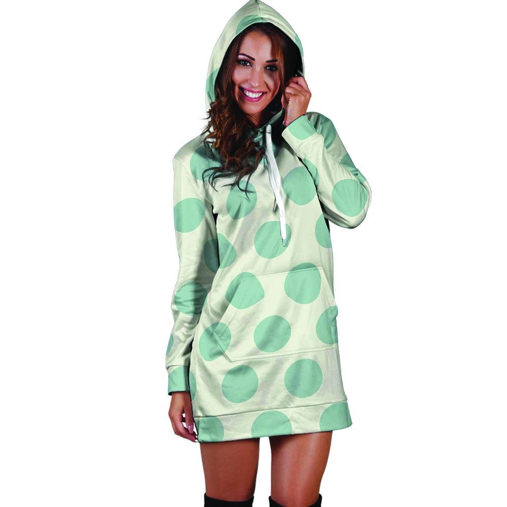 White And Turquoise Polka Dot Hoodie Dress-grizzshop