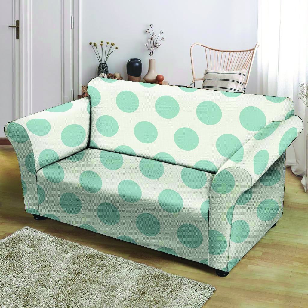 White And Turquoise Polka Dot Loveseat Cover-grizzshop