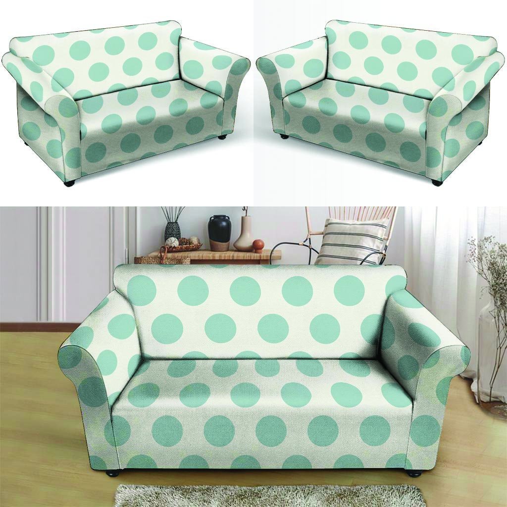 White And Turquoise Polka Dot Loveseat Cover-grizzshop