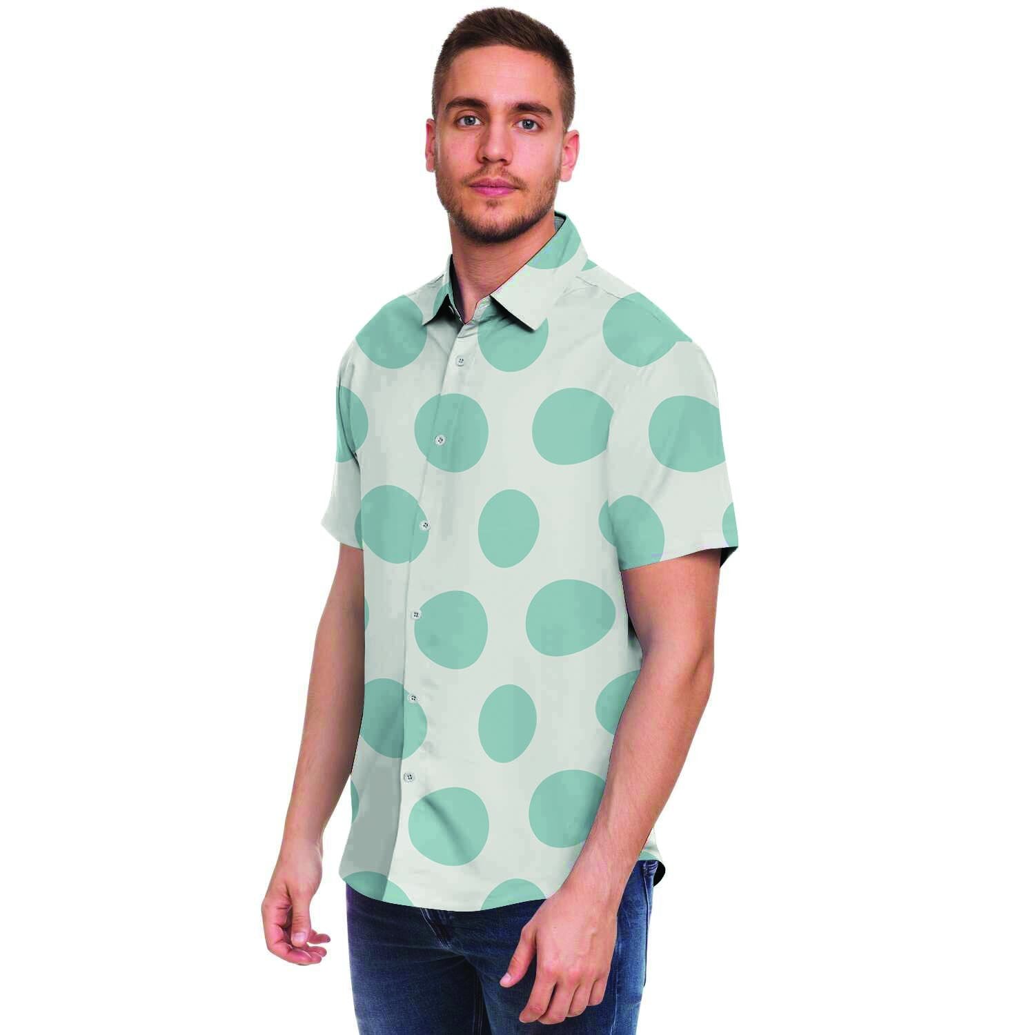 White And Turquoise Polka Dot Men's Short Sleeve Shirt-grizzshop
