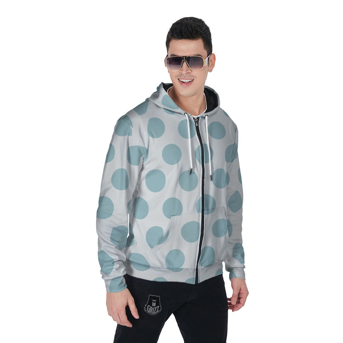 White And Turquoise Polka Dot Men's Zip Up Hoodie-grizzshop