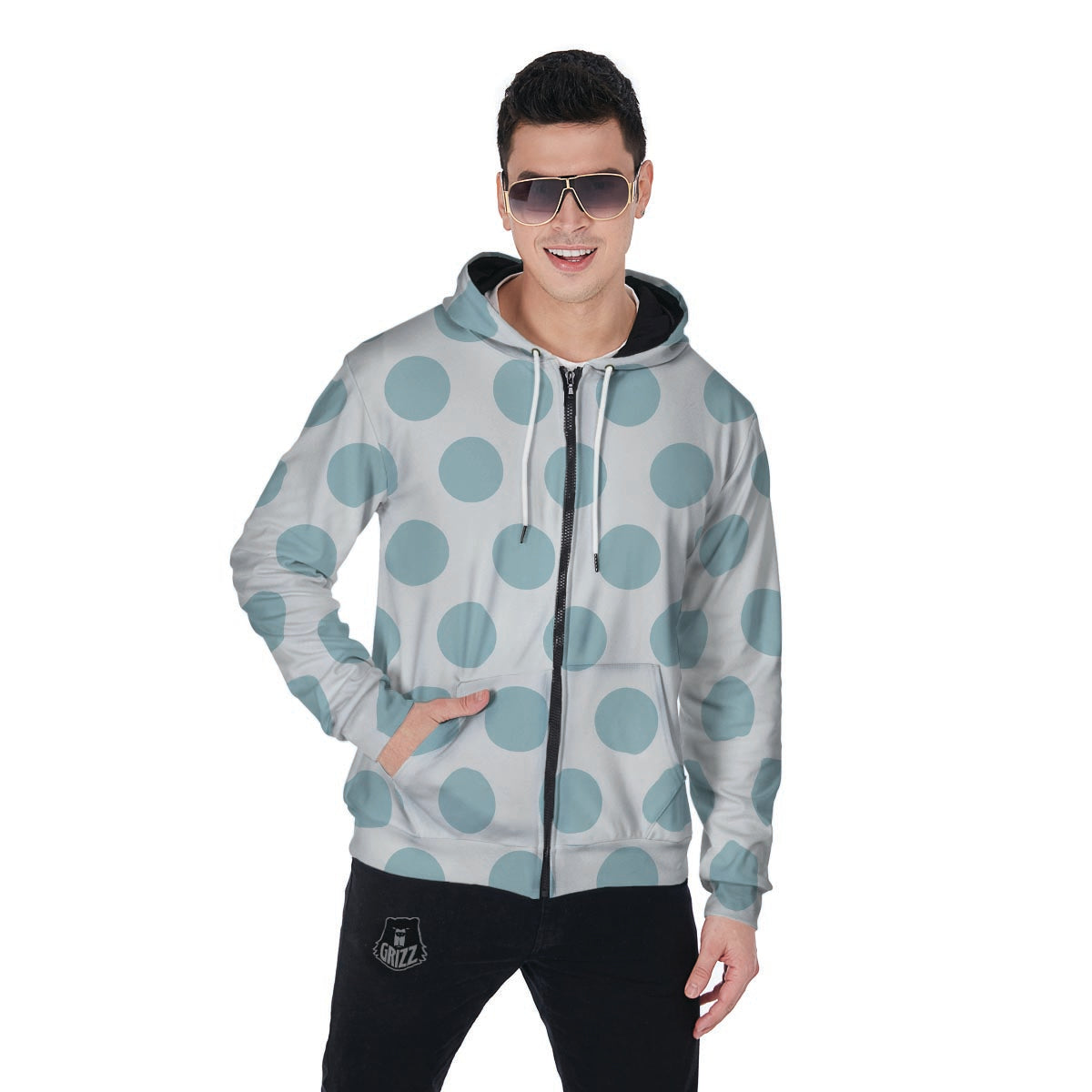 White And Turquoise Polka Dot Men's Zip Up Hoodie-grizzshop