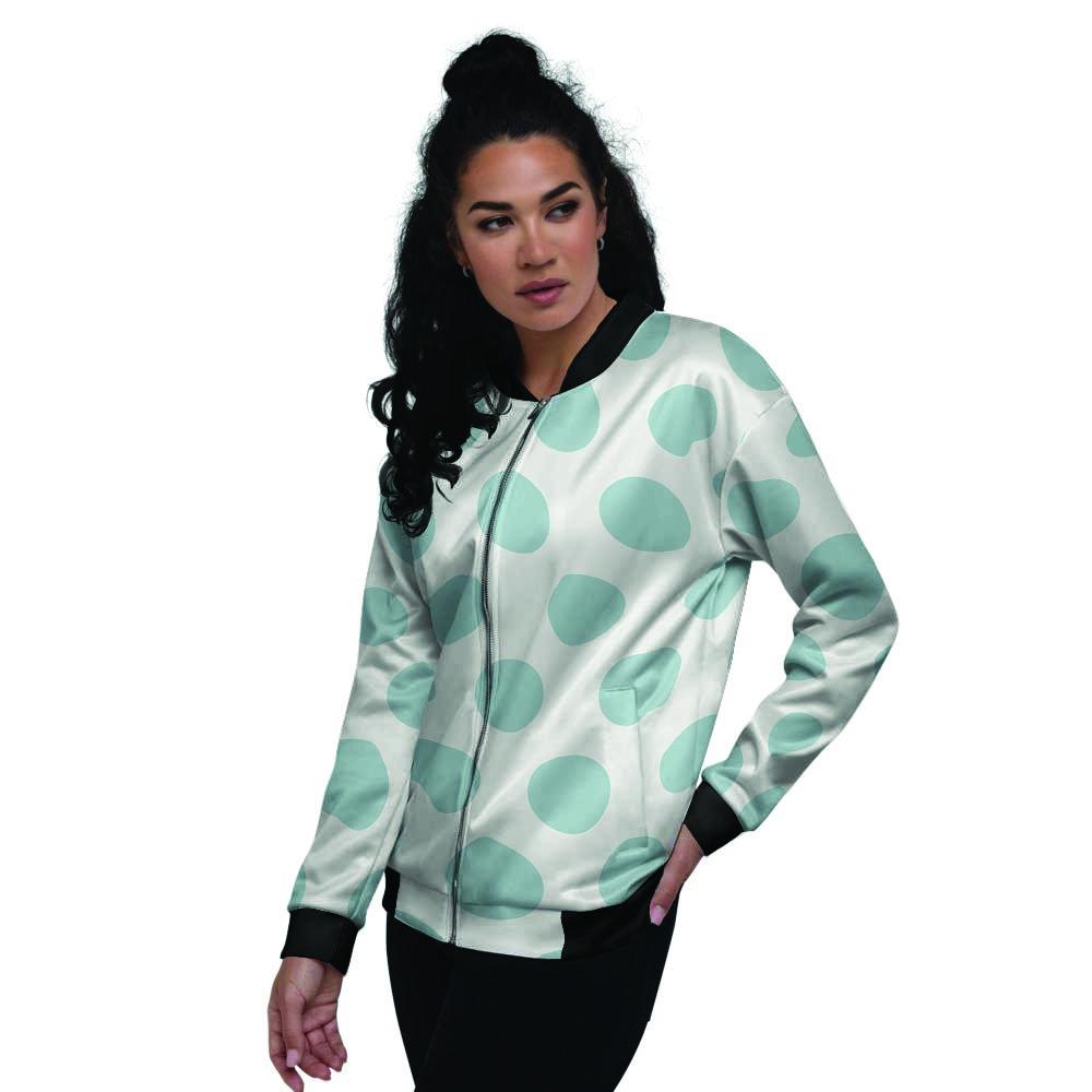 White And Turquoise Polka Dot Women's Bomber Jacket-grizzshop