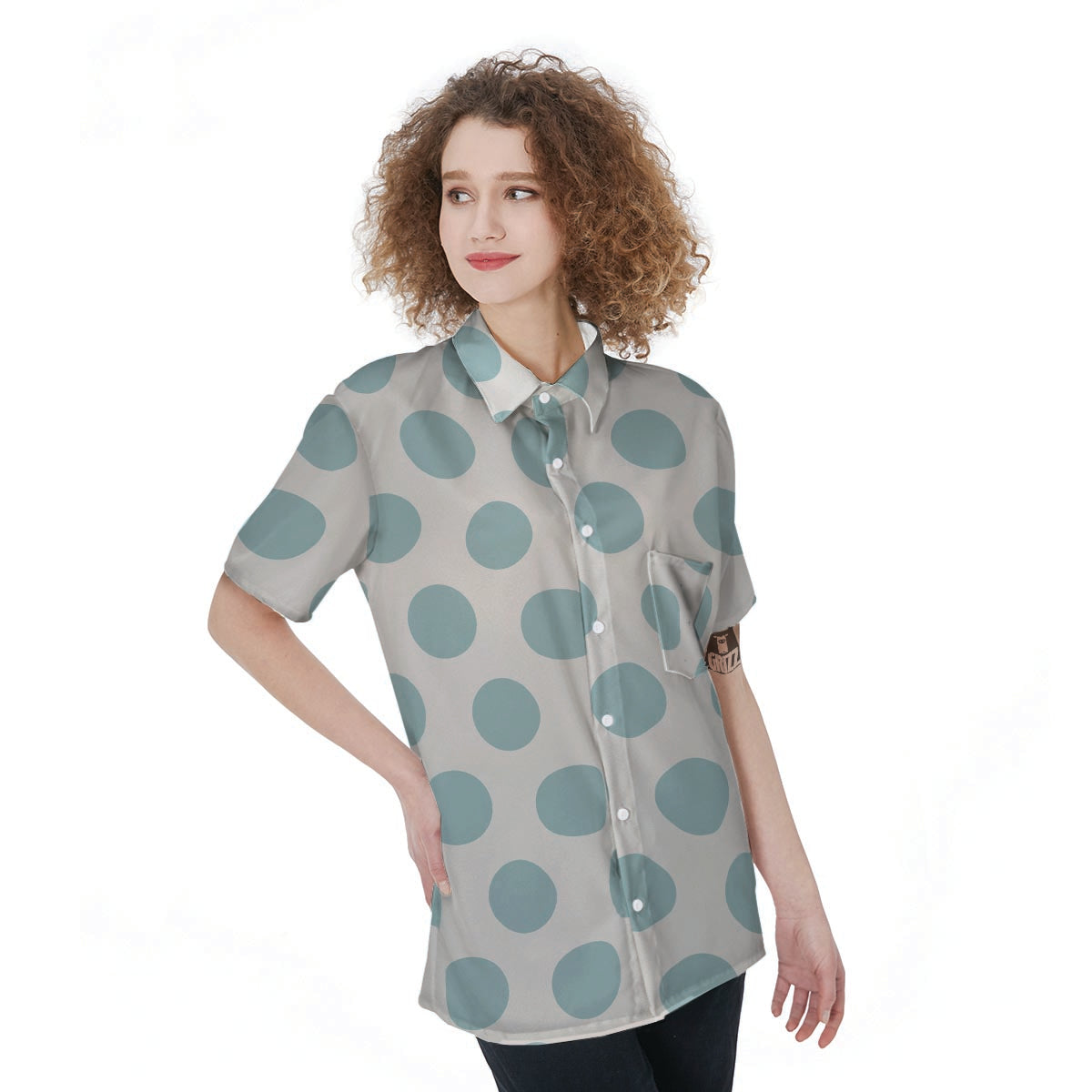 White And Turquoise Polka Dot Women's Short Sleeve Shirts-grizzshop