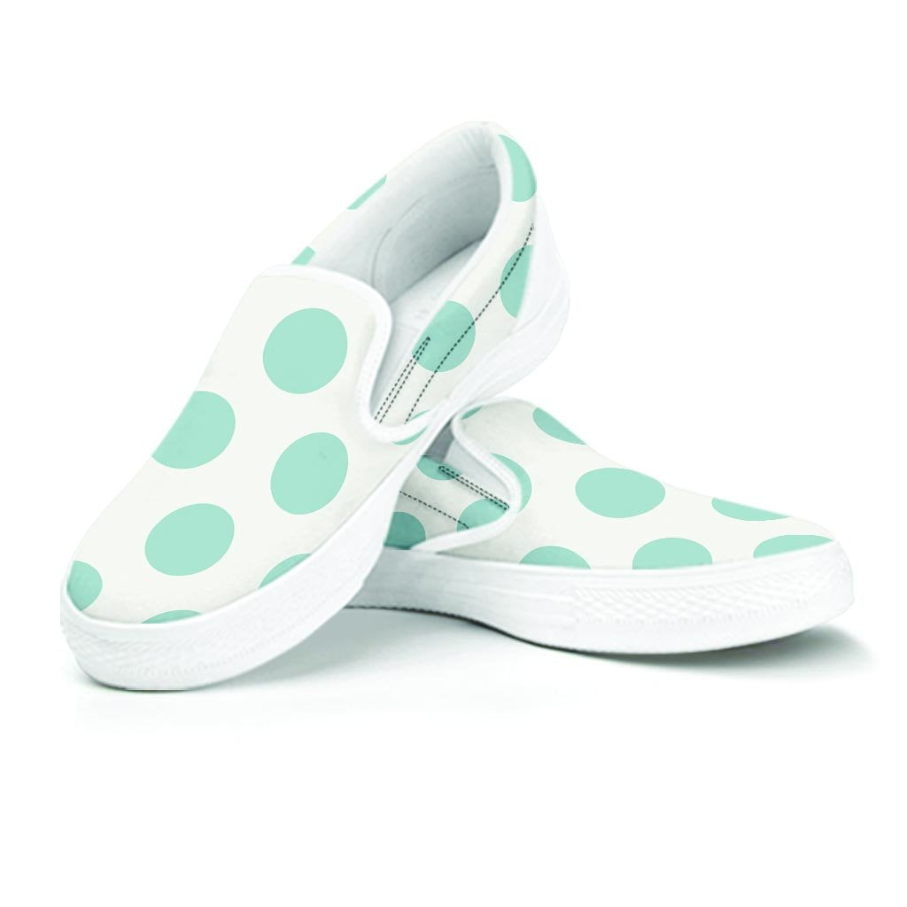 White And Turquoise Polka Dot Women's Slip On Sneakers-grizzshop
