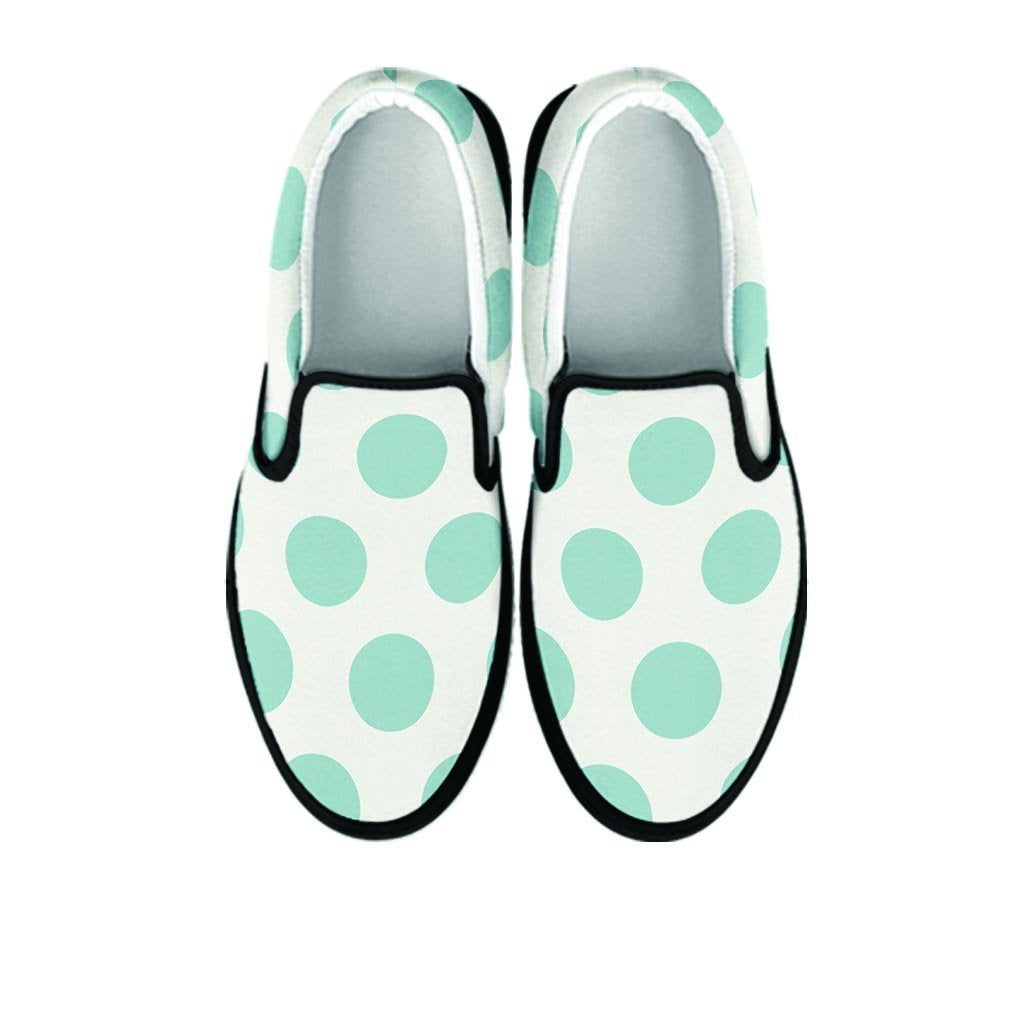 White And Turquoise Polka Dot Women's Slip On Sneakers-grizzshop