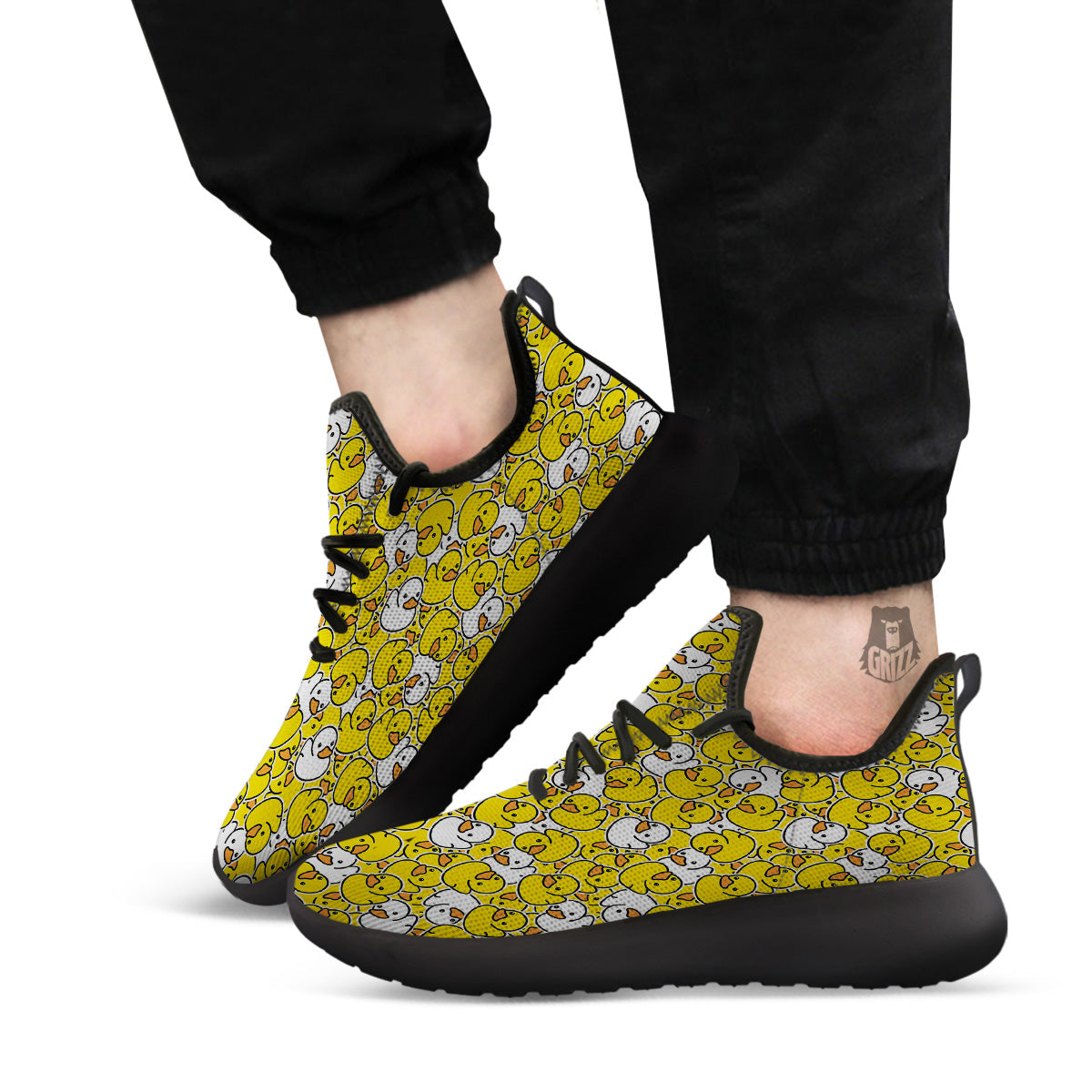 White And Yellow Duck Rubber Print Pattern Black Athletic Shoes-grizzshop