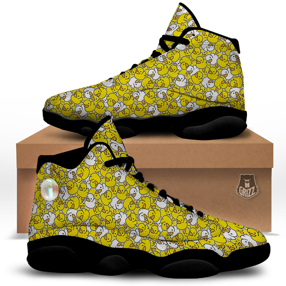 White And Yellow Duck Rubber Print Pattern Black Basketball Shoes-grizzshop