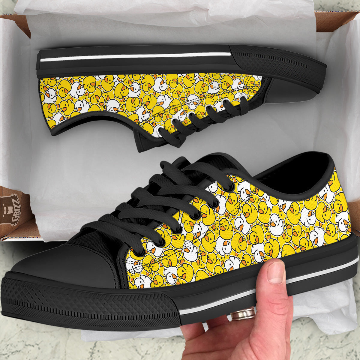 White And Yellow Duck Rubber Print Pattern Black Low Top Shoes-grizzshop
