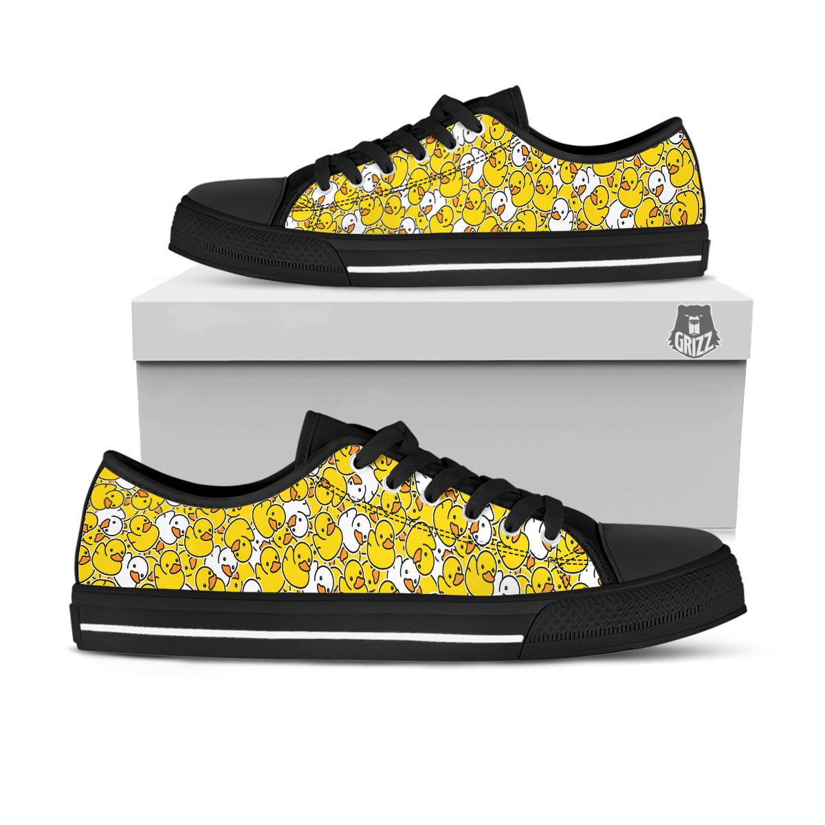 White And Yellow Duck Rubber Print Pattern Black Low Top Shoes-grizzshop