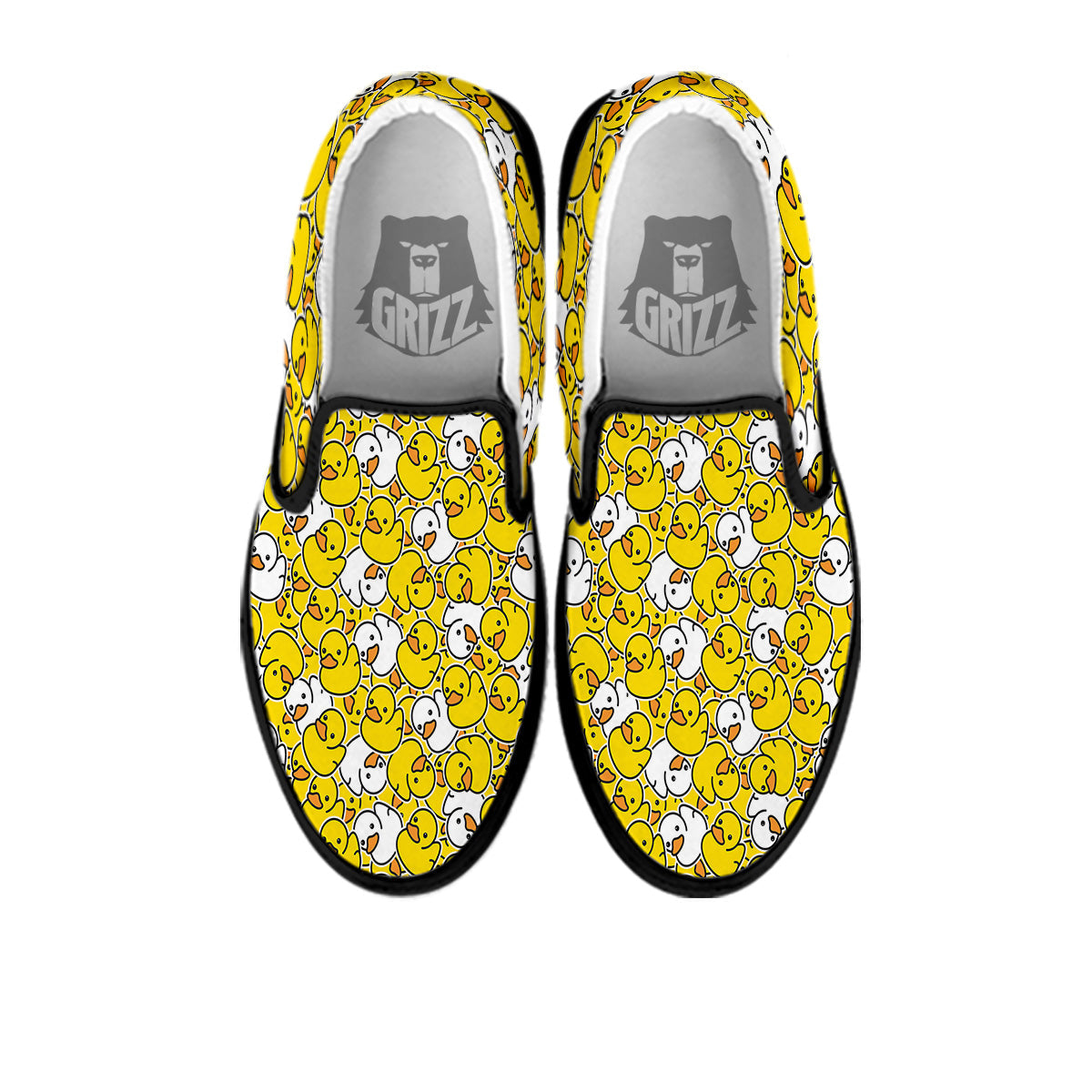 White And Yellow Duck Rubber Print Pattern Black Slip On Shoes-grizzshop