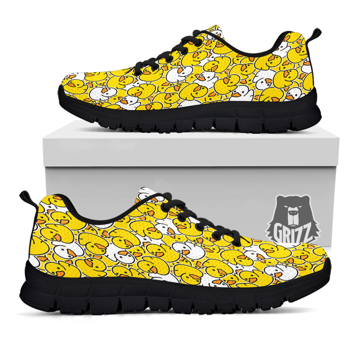 White And Yellow Duck Rubber Print Pattern Black Sneaker-grizzshop