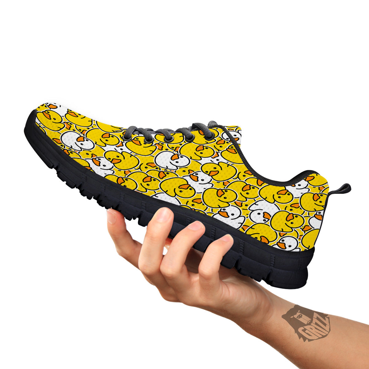 White And Yellow Duck Rubber Print Pattern Black Sneaker-grizzshop