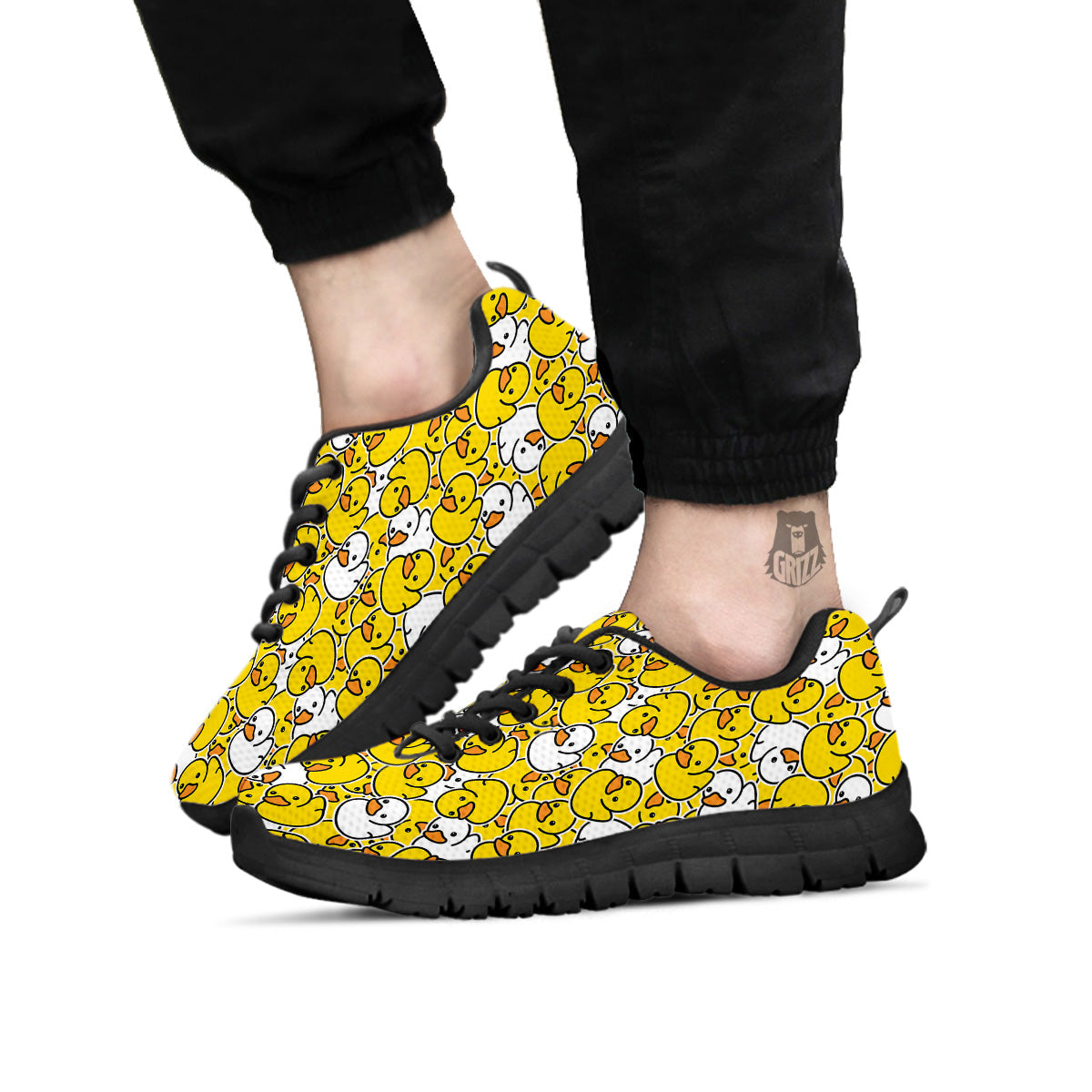 White And Yellow Duck Rubber Print Pattern Black Sneaker-grizzshop