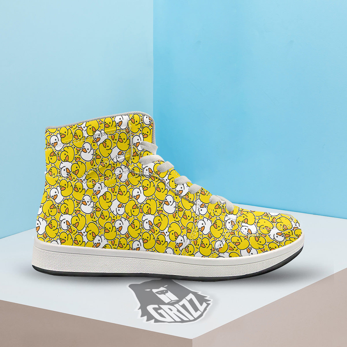 White And Yellow Duck Rubber Print Pattern High Top Sneakers-grizzshop