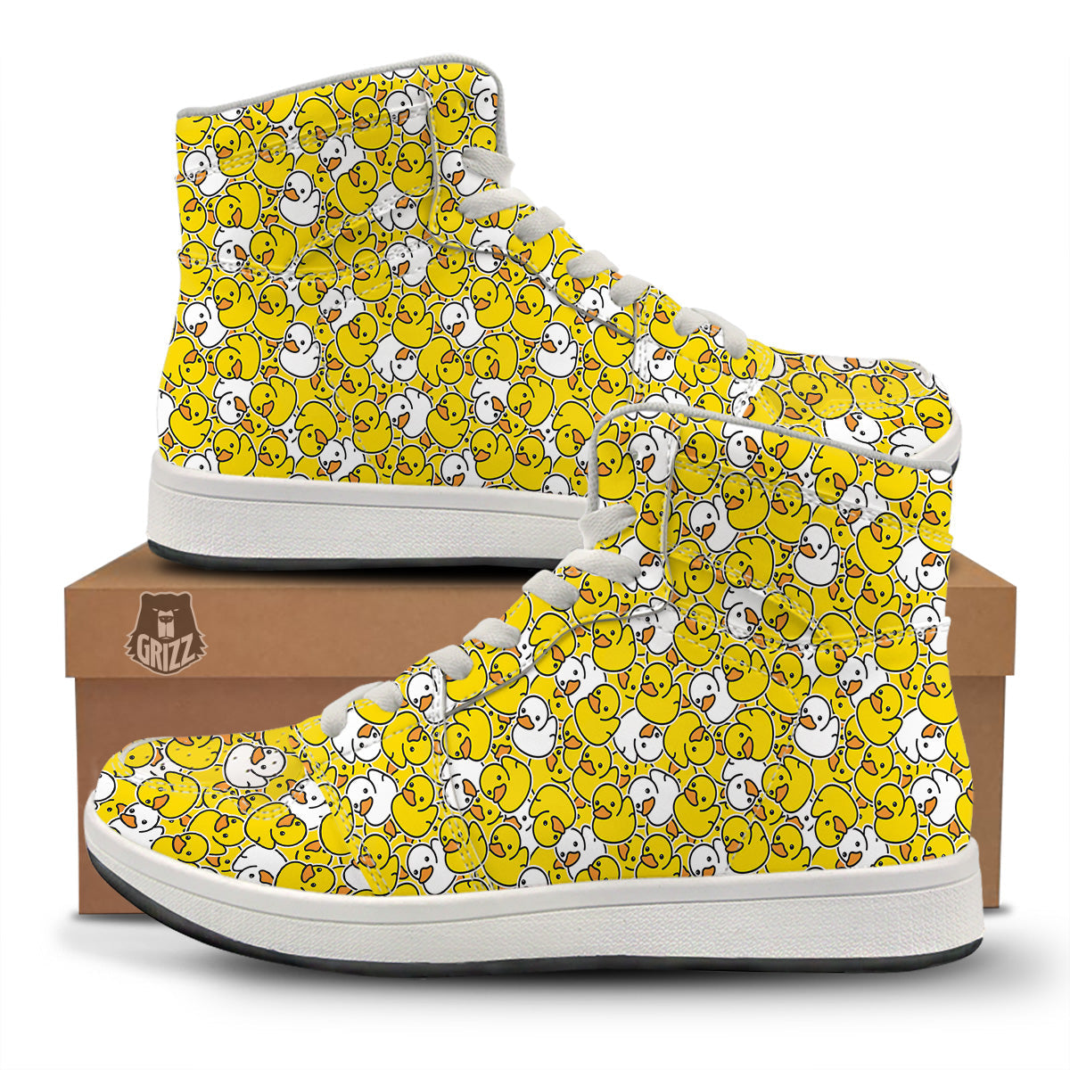 White And Yellow Duck Rubber Print Pattern High Top Sneakers-grizzshop