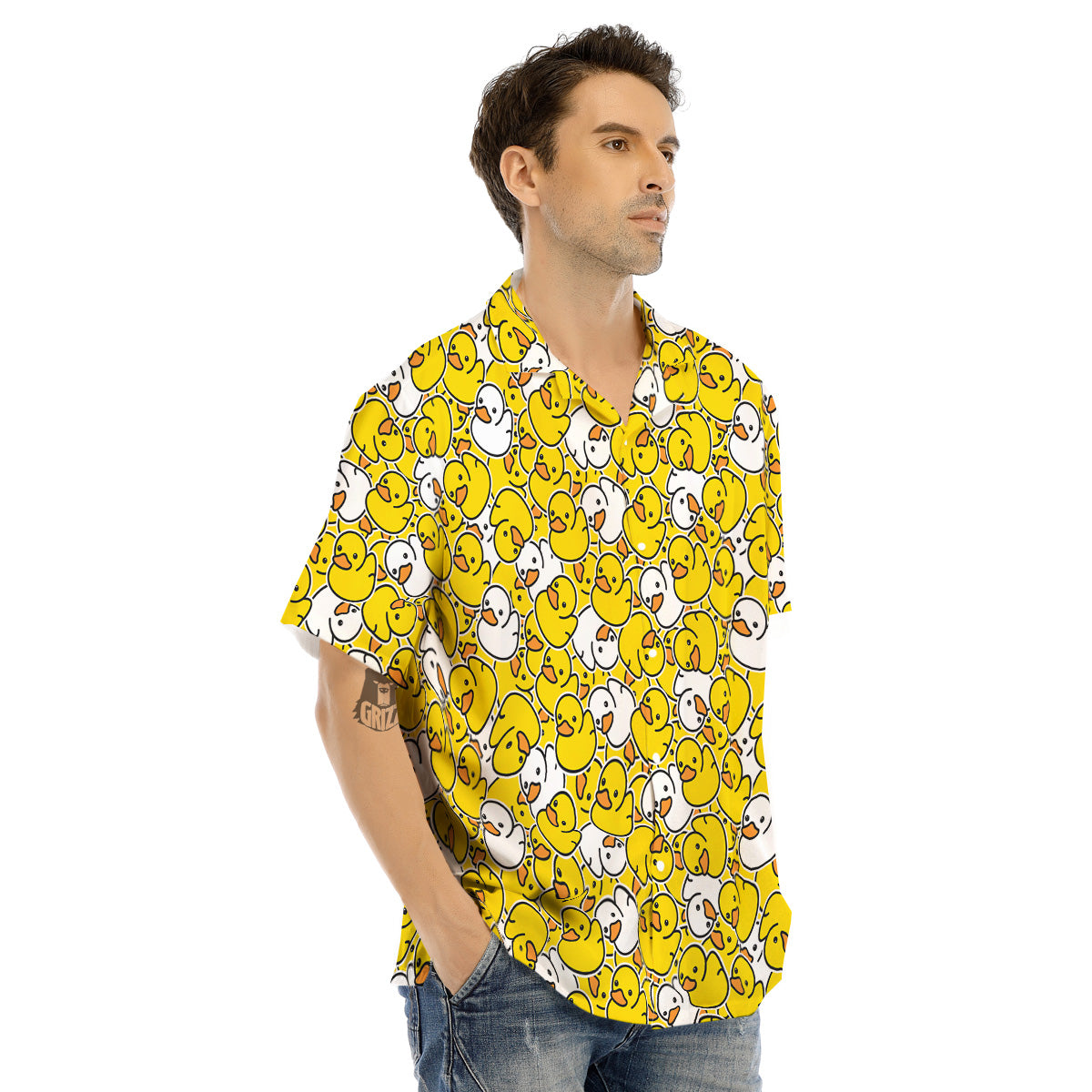 White And Yellow Duck Rubber Print Pattern Men's Hawaiian Shirt-grizzshop