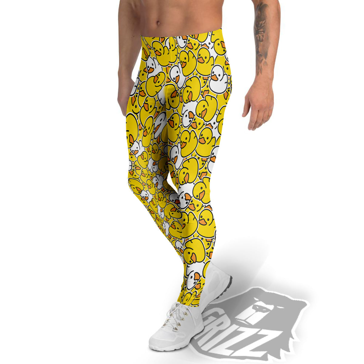 White And Yellow Duck Rubber Print Pattern Men's Leggings-grizzshop