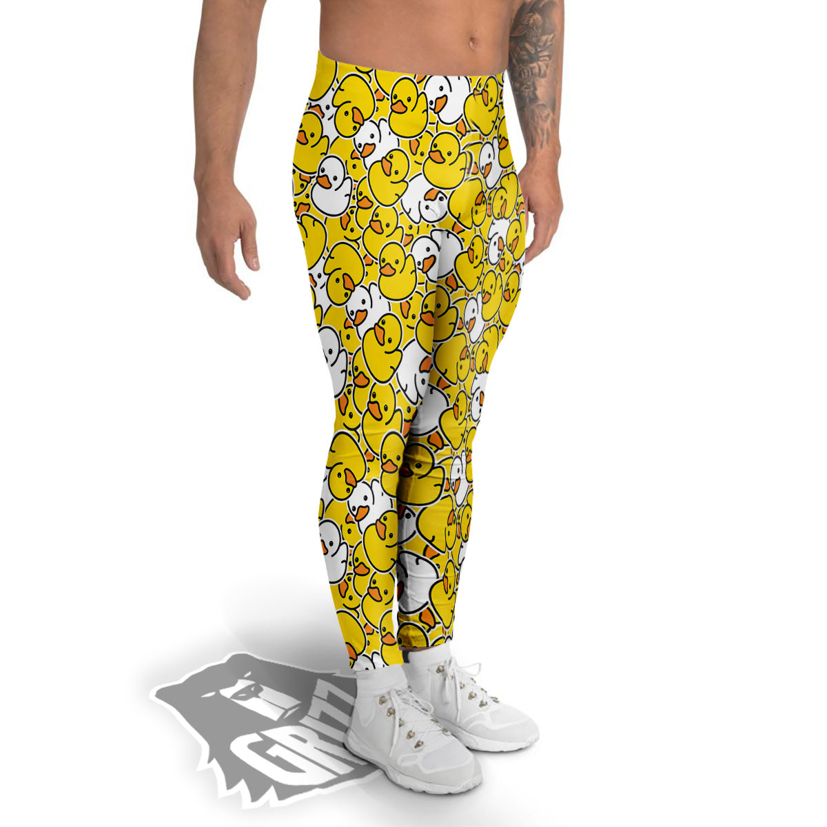 White And Yellow Duck Rubber Print Pattern Men's Leggings-grizzshop