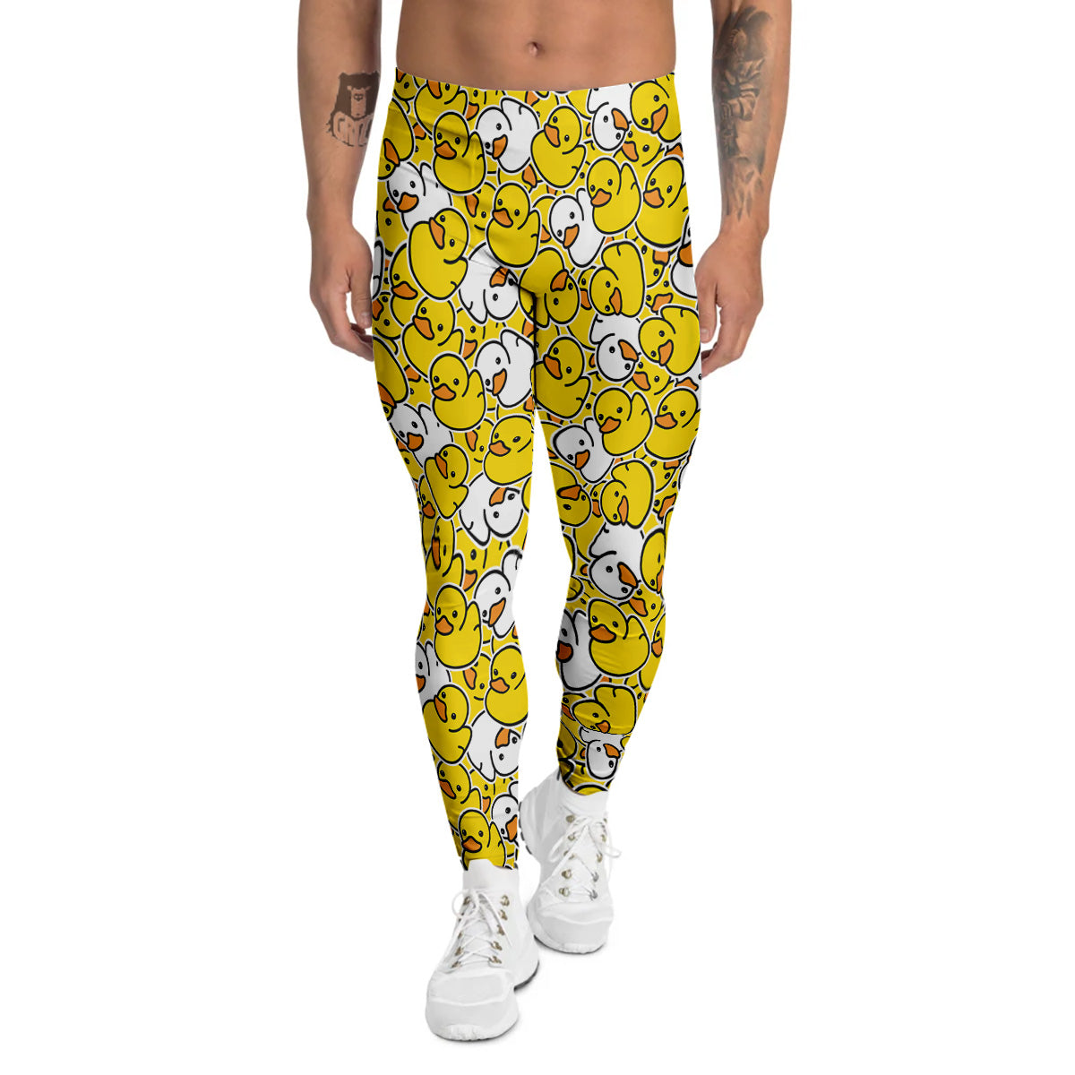 White And Yellow Duck Rubber Print Pattern Men's Leggings-grizzshop