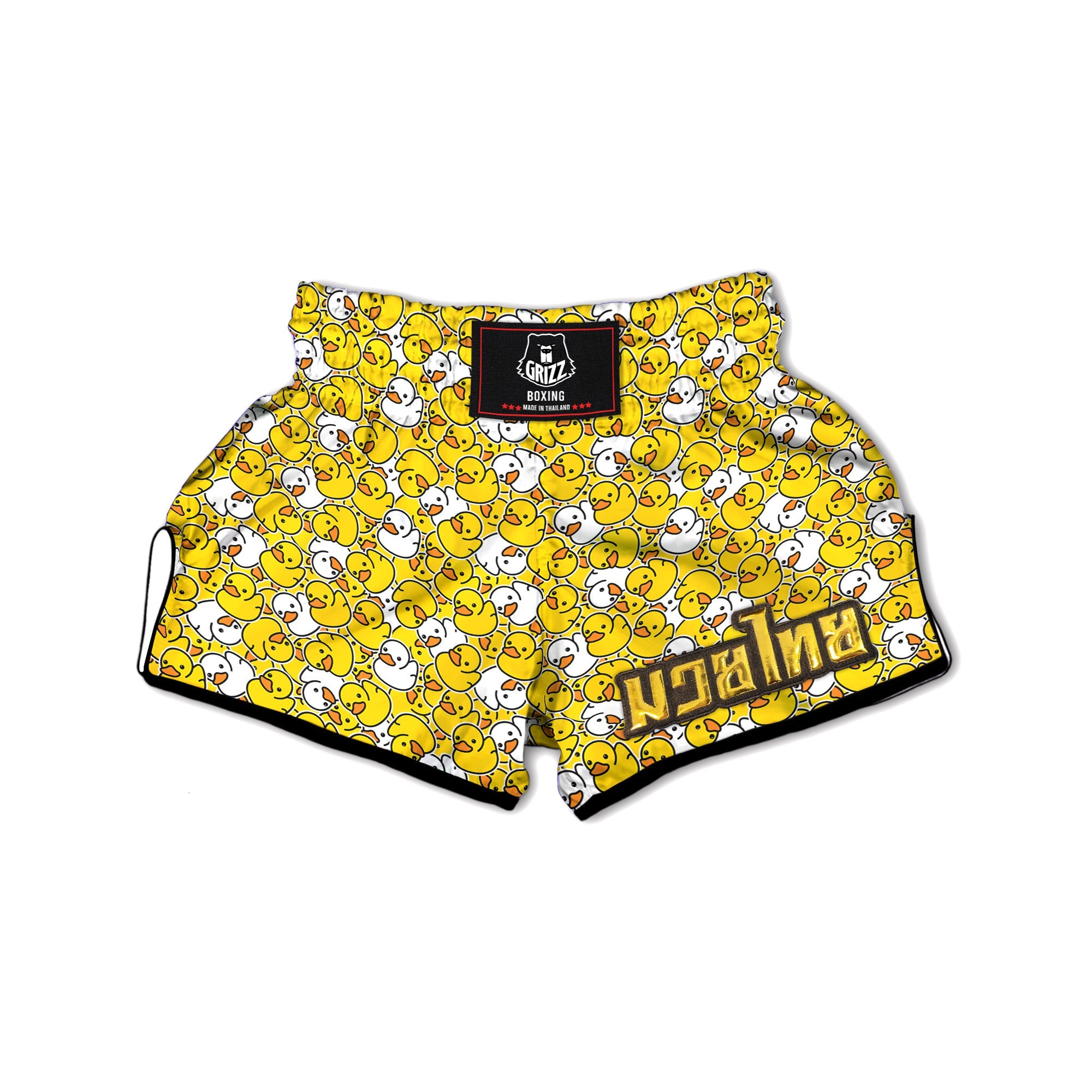 White And Yellow Duck Rubber Print Pattern Muay Thai Boxing Shorts-grizzshop
