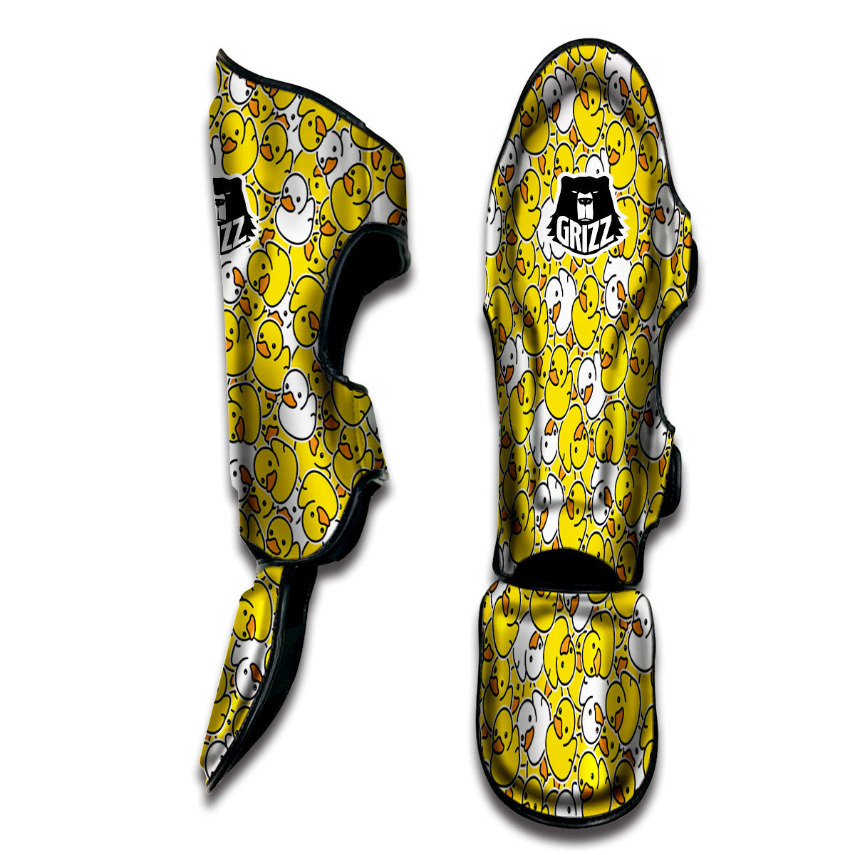 White And Yellow Duck Rubber Print Pattern Muay Thai Shin Guards-grizzshop