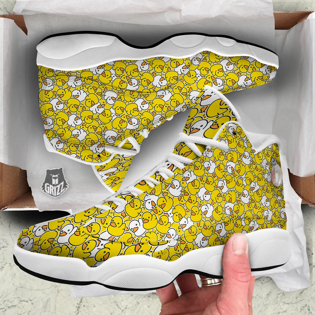 White And Yellow Duck Rubber Print Pattern White Basketball Shoes-grizzshop