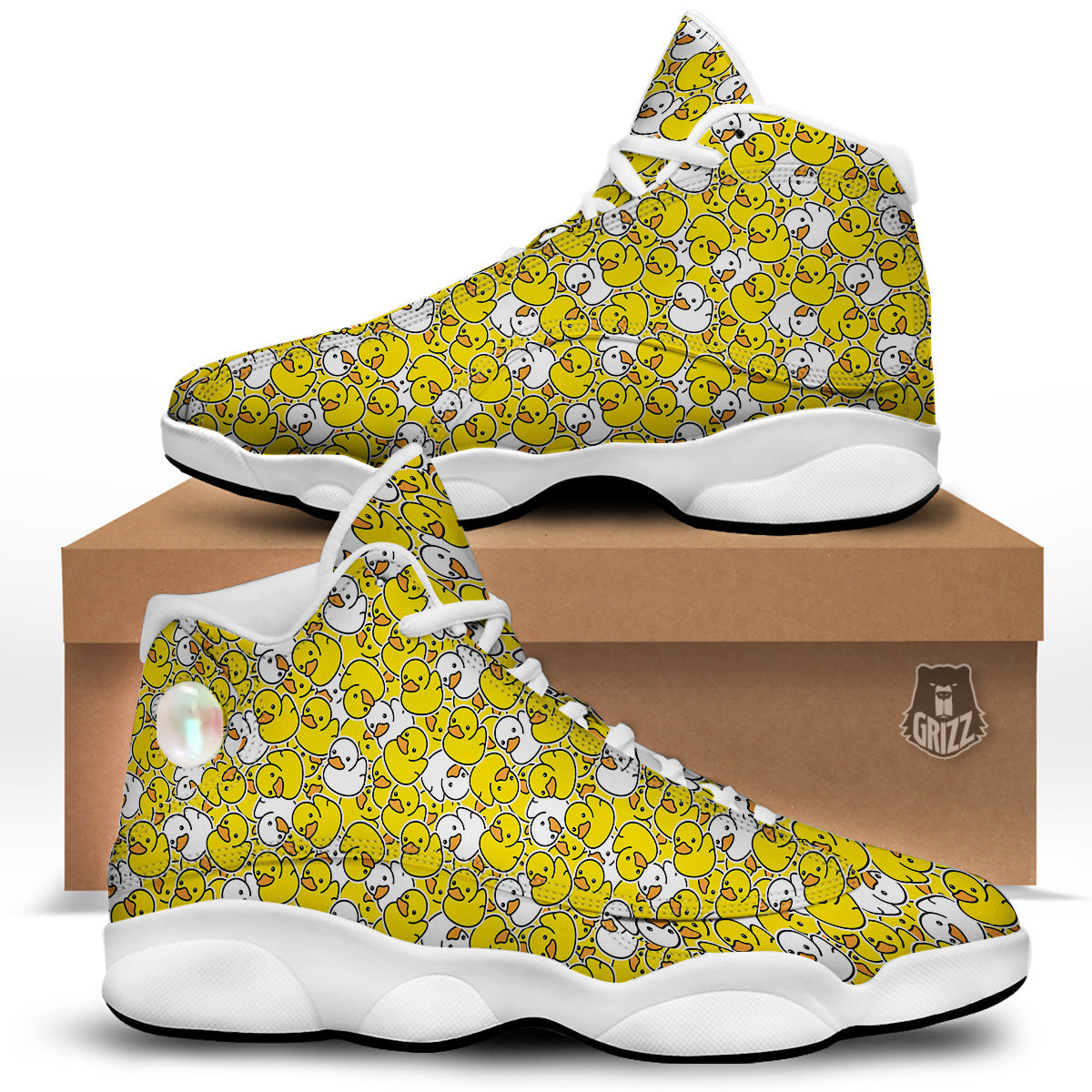 White And Yellow Duck Rubber Print Pattern White Basketball Shoes-grizzshop