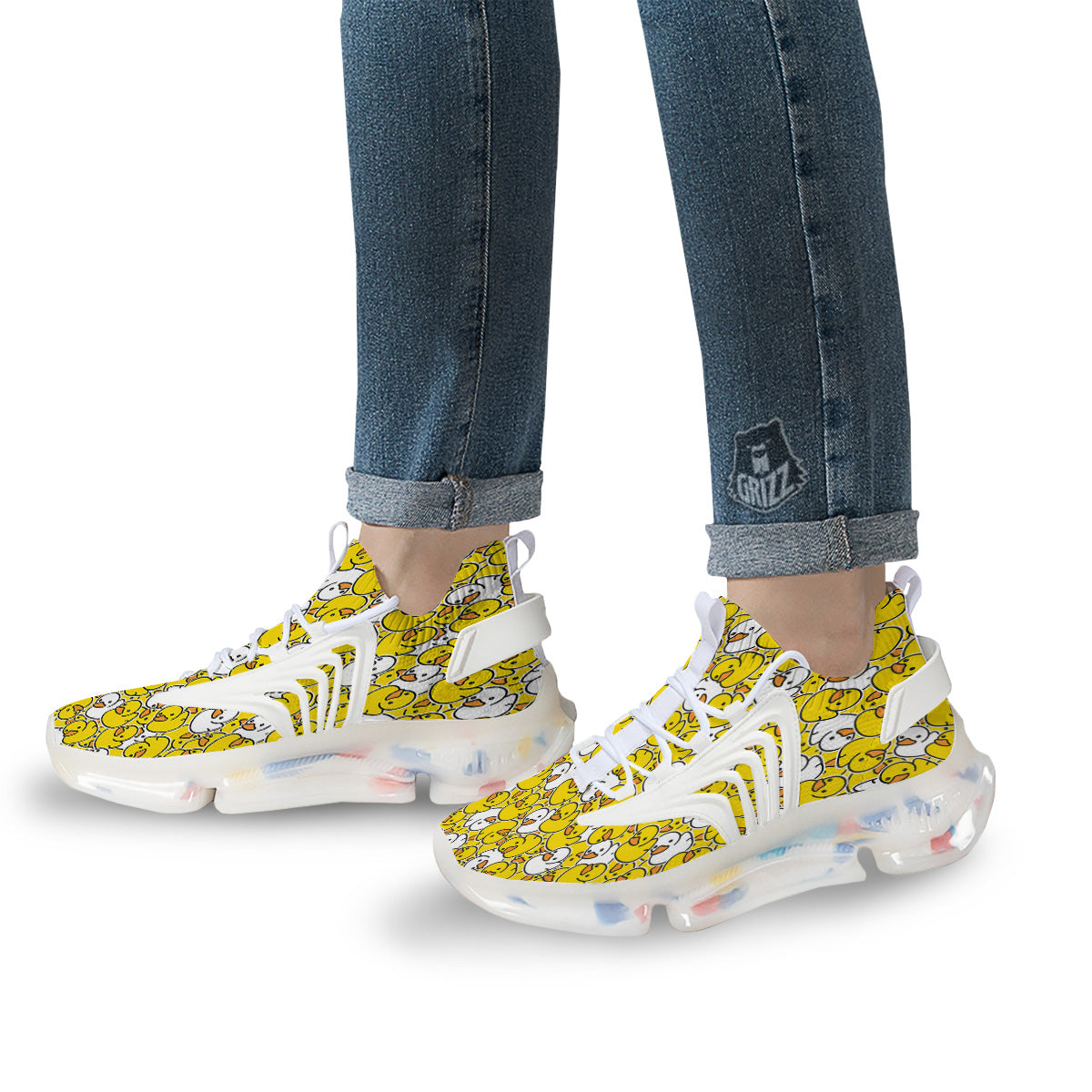 White And Yellow Duck Rubber Print Pattern White Gym Shoes-grizzshop