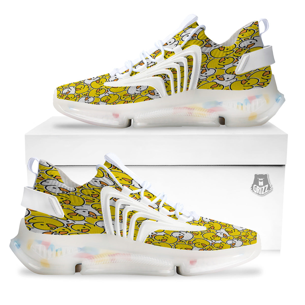 White And Yellow Duck Rubber Print Pattern White Gym Shoes-grizzshop