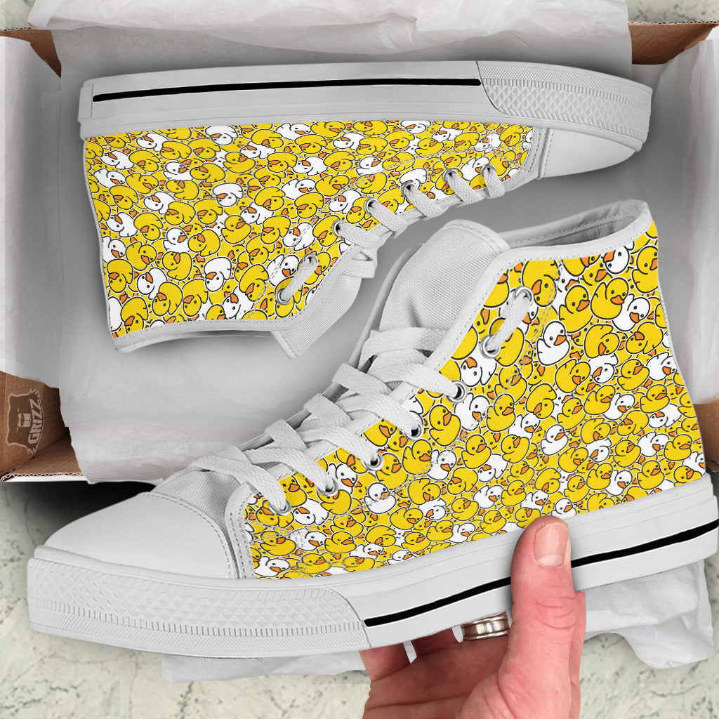 White And Yellow Duck Rubber Print Pattern White High Top Shoes-grizzshop