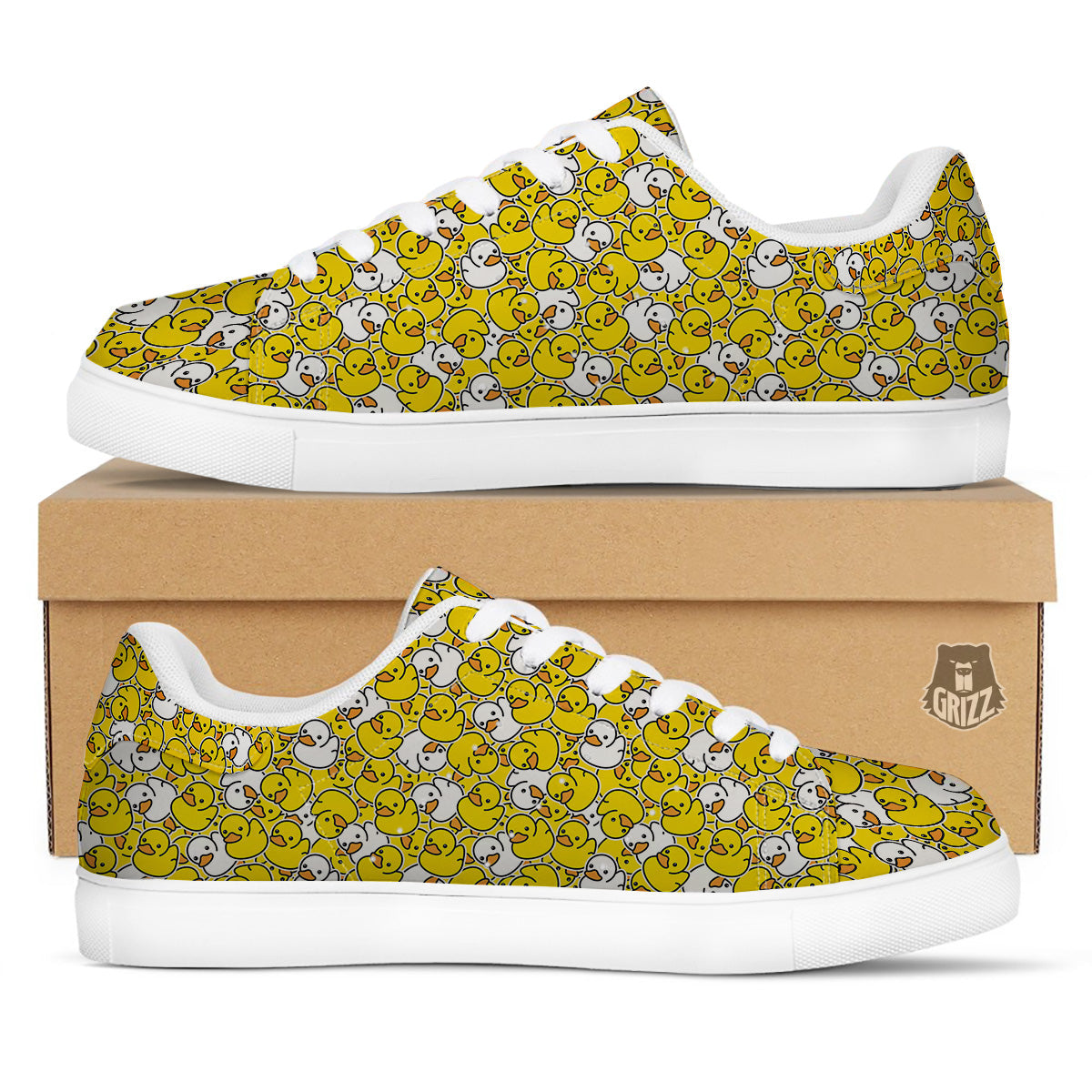 White And Yellow Duck Rubber Print Pattern White Low Top Sneakers-grizzshop
