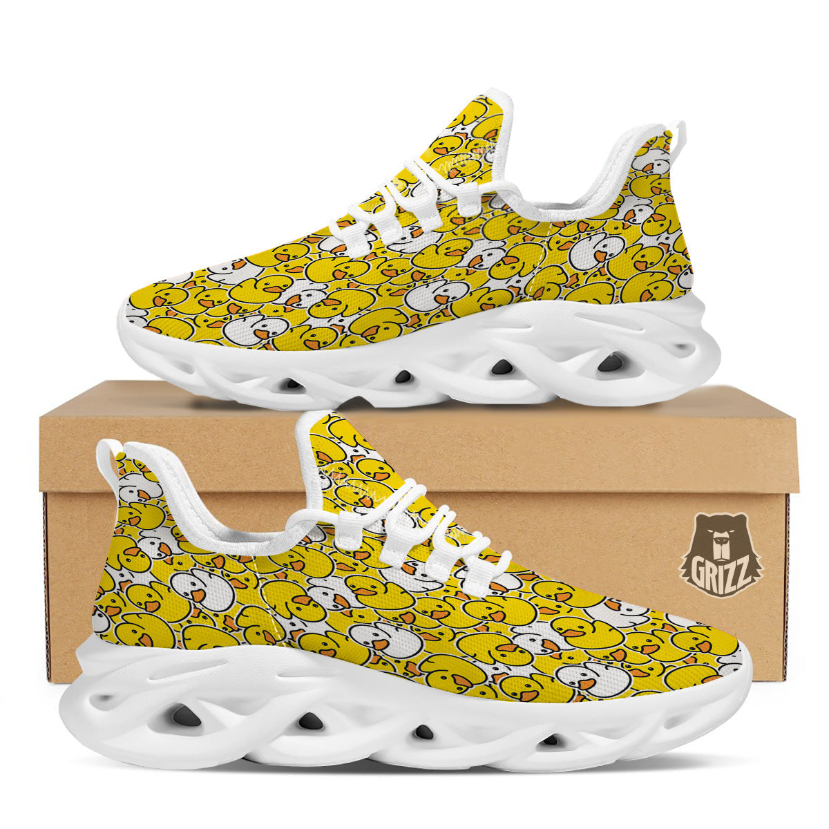 White And Yellow Duck Rubber Print Pattern White Running Shoes-grizzshop