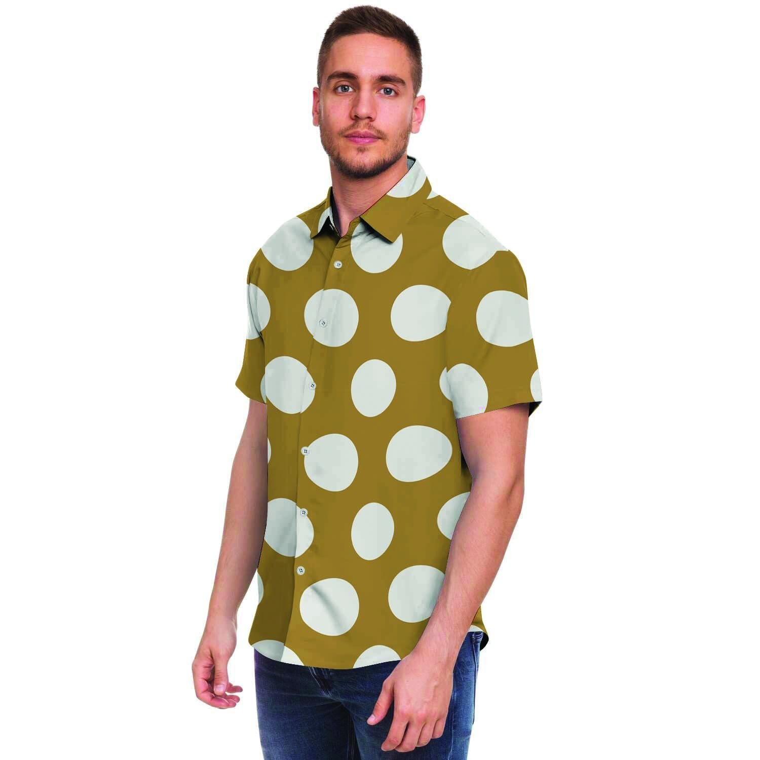 White And Yellow Polka Dot Men's Short Sleeve Shirt-grizzshop