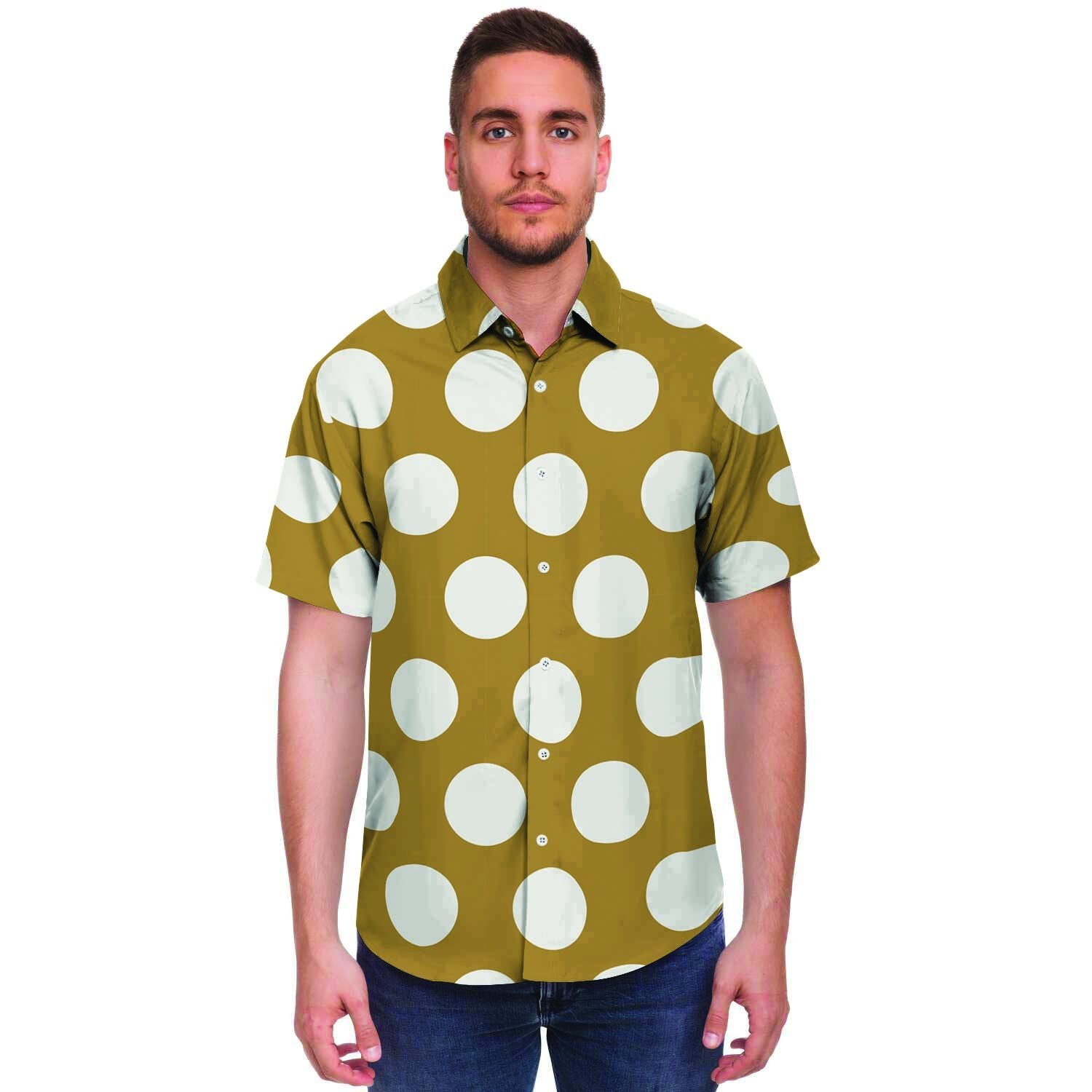White And Yellow Polka Dot Men's Short Sleeve Shirt-grizzshop