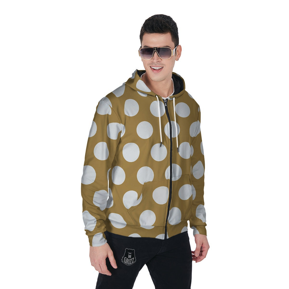 White And Yellow Polka Dot Men's Zip Up Hoodie-grizzshop