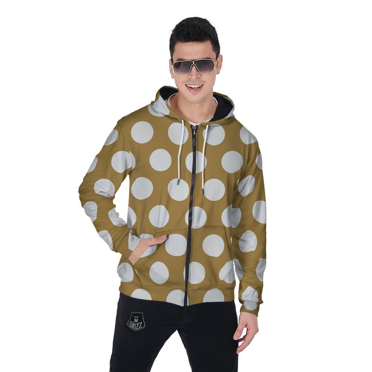 White And Yellow Polka Dot Men's Zip Up Hoodie-grizzshop