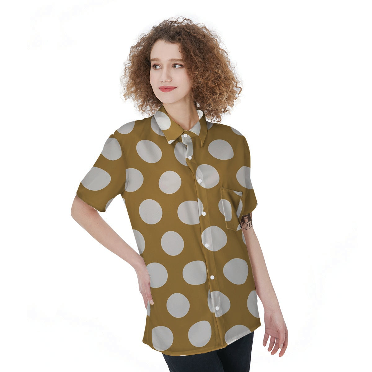 White And Yellow Polka Dot Women's Short Sleeve Shirts-grizzshop