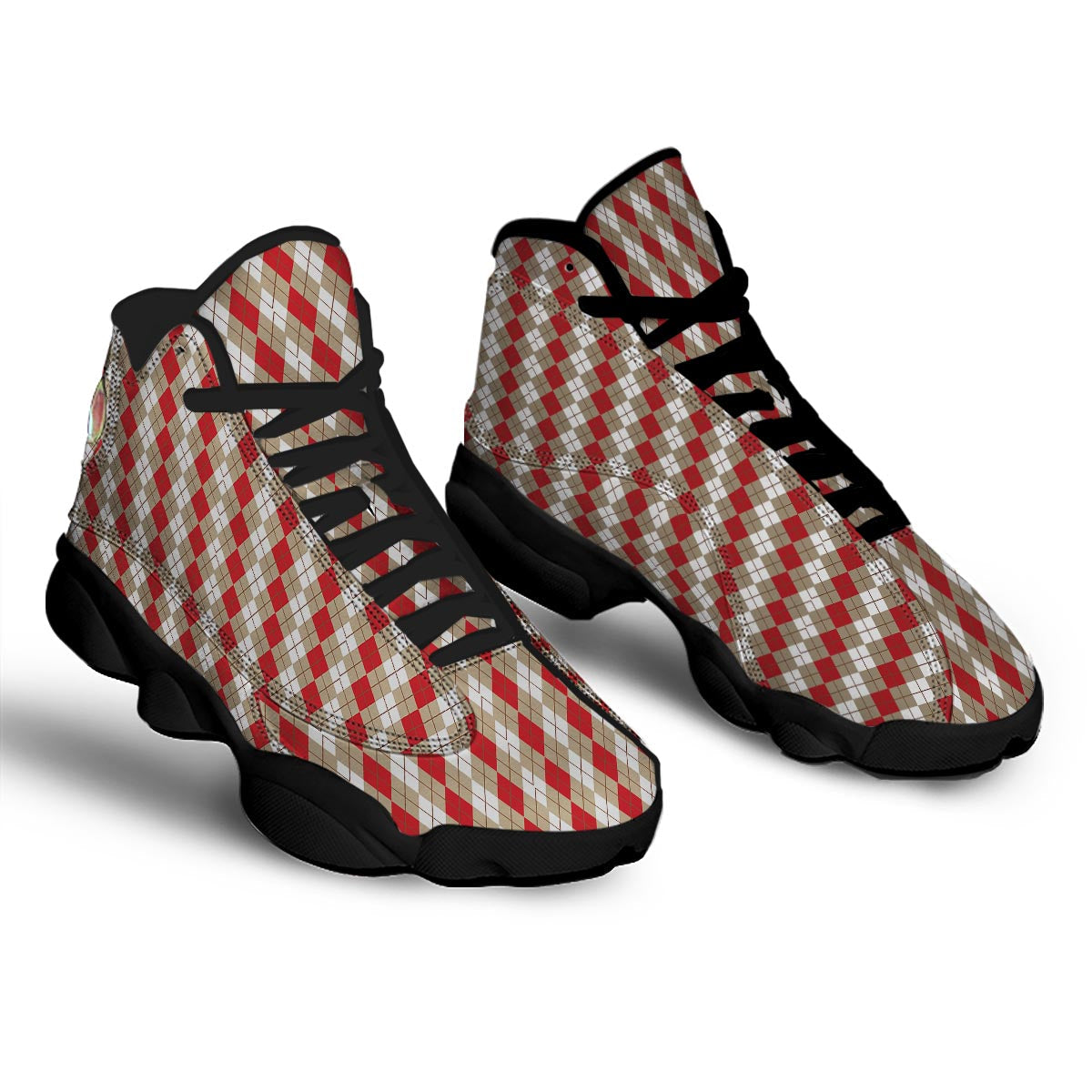 White Argyle And Beige Red Print Pattern Black Basketball Shoes-grizzshop
