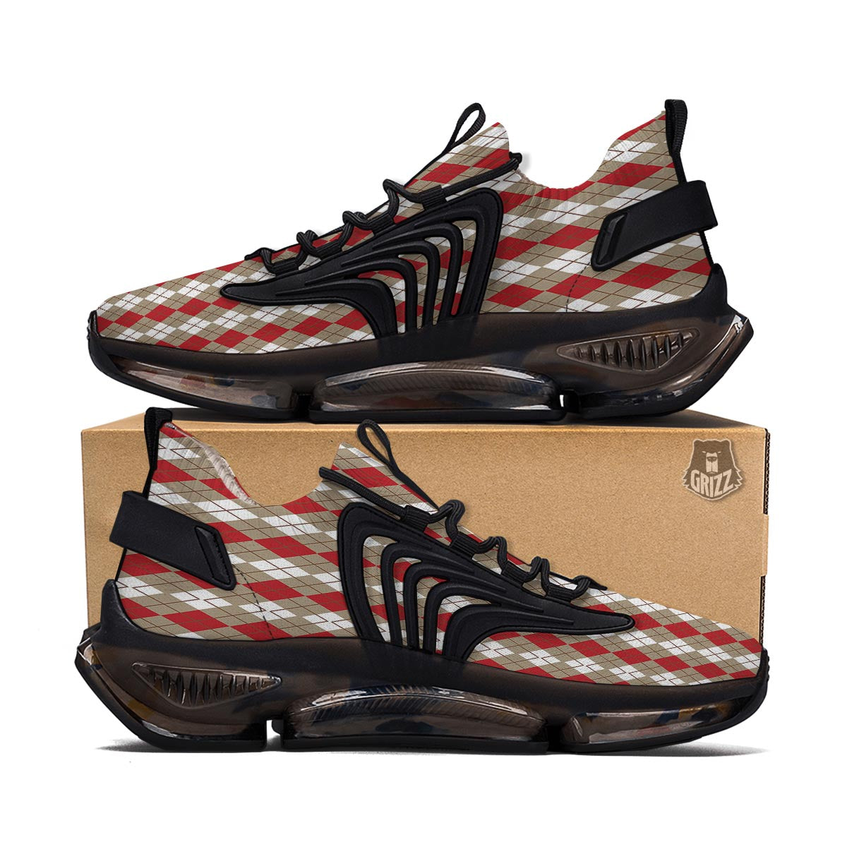 White Argyle And Beige Red Print Pattern Black Gym Shoes-grizzshop