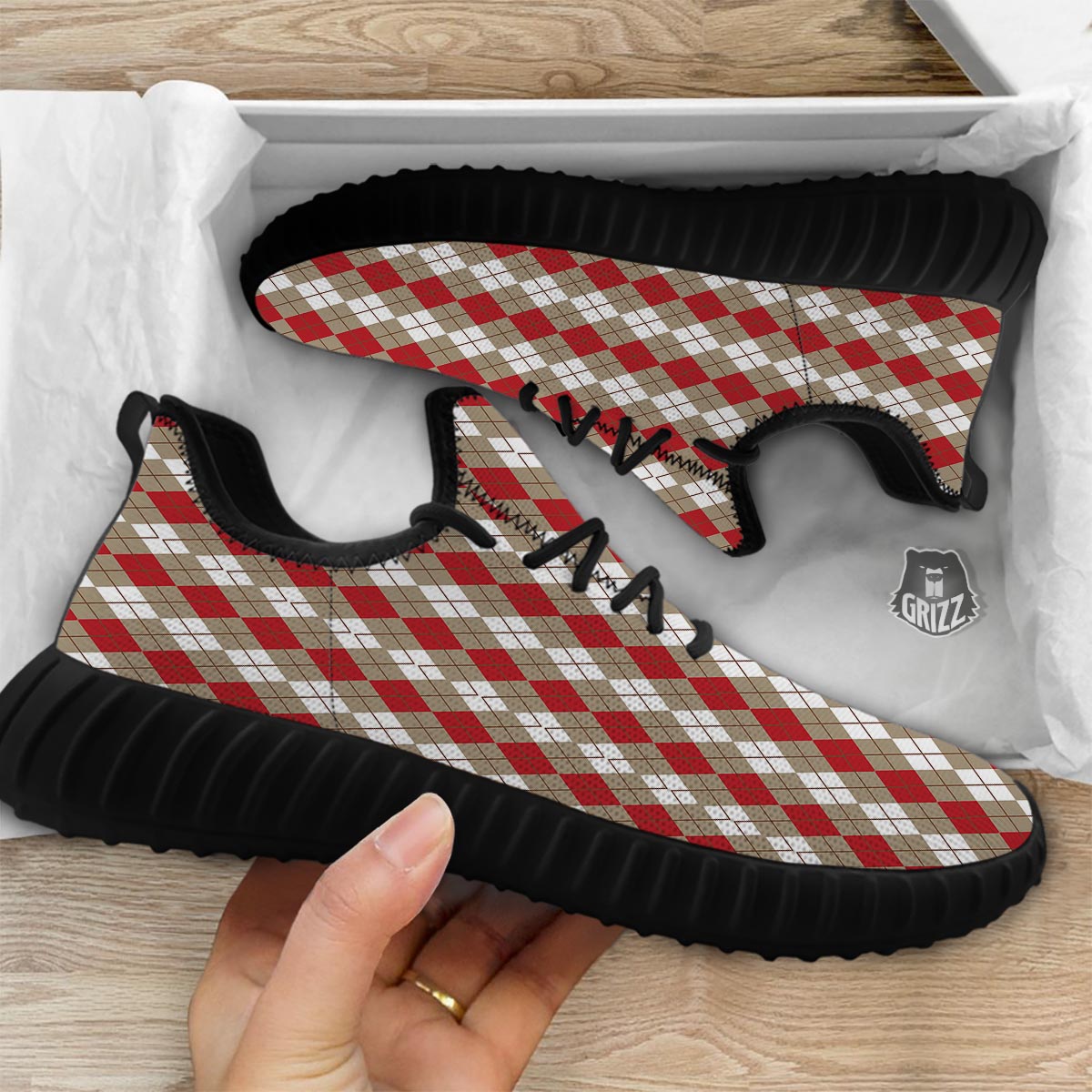 White Argyle And Beige Red Print Pattern Black Walking Shoes-grizzshop