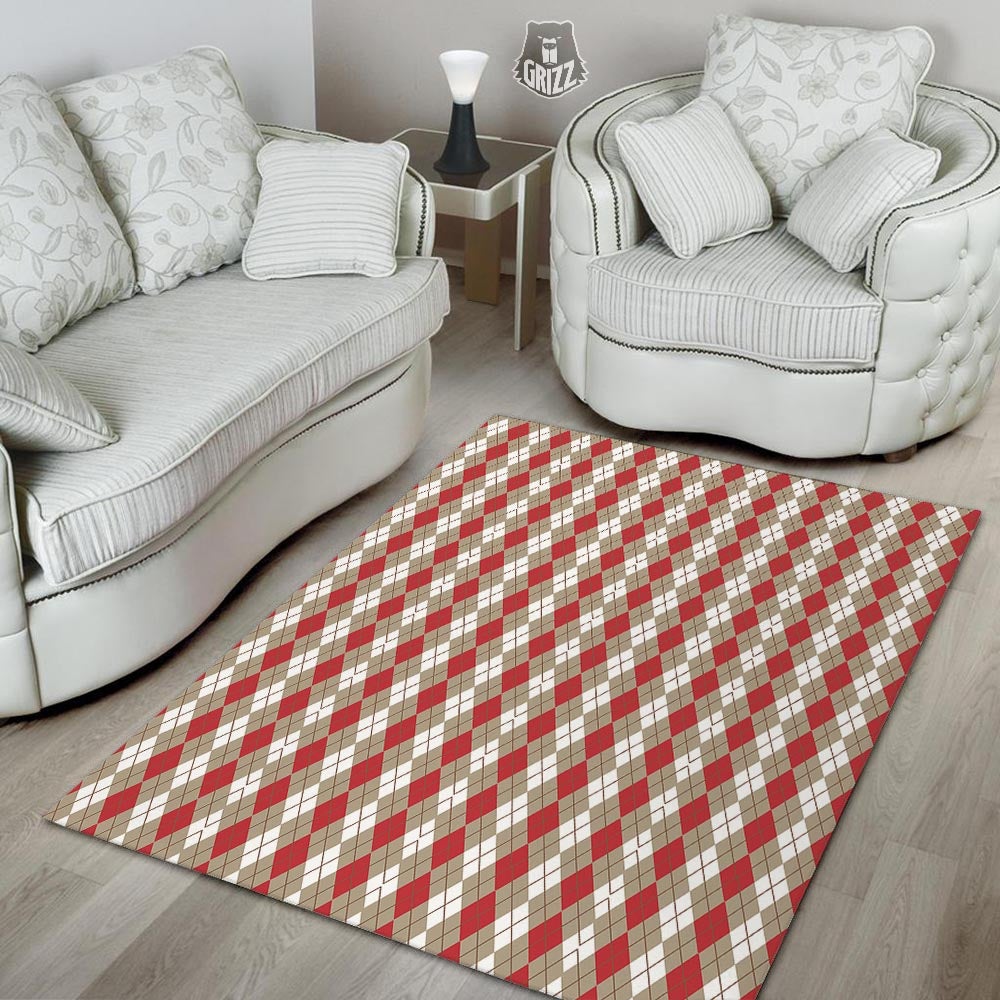White Argyle And Beige Red Print Pattern Floor Mat-grizzshop